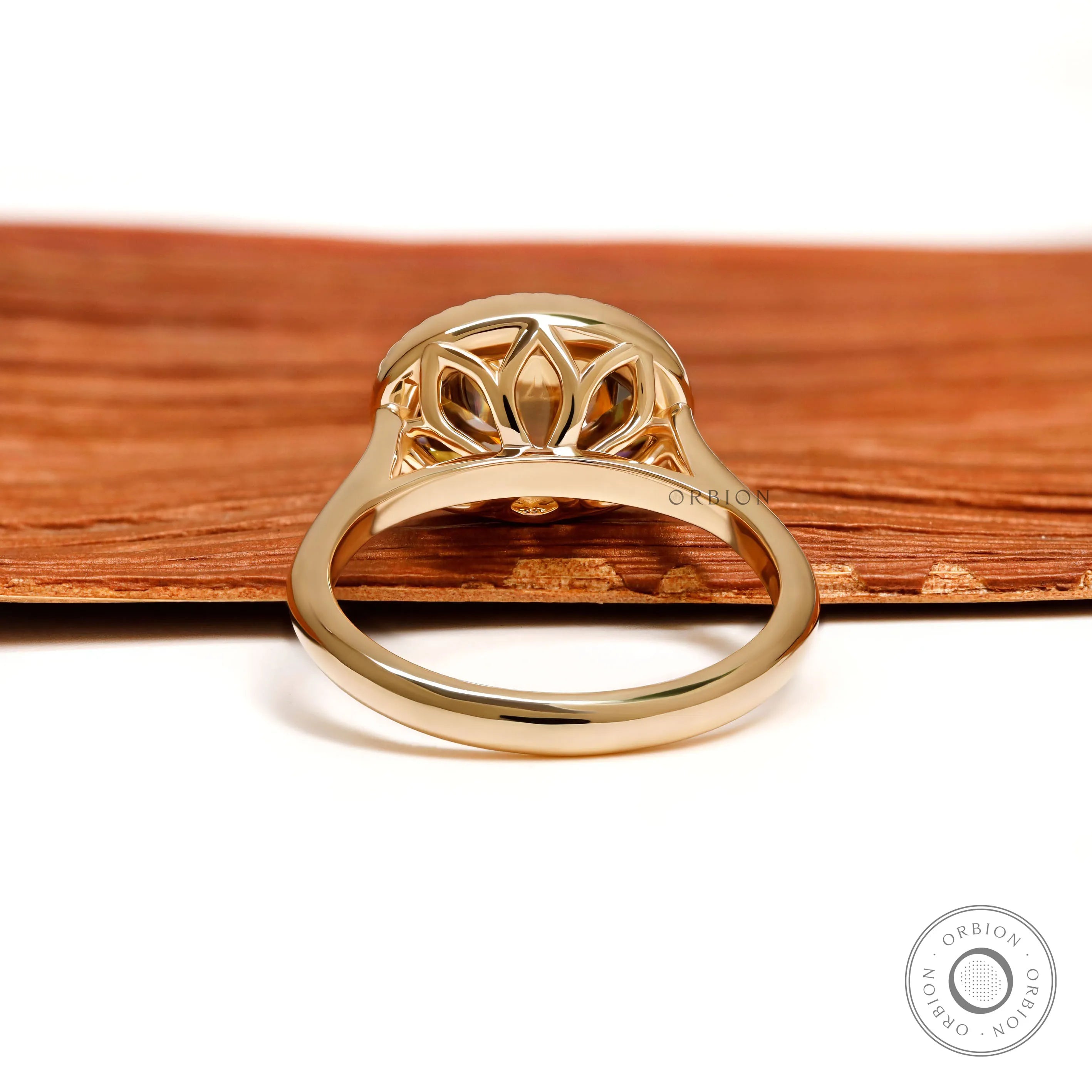 Oval dark champagne moissanite East West ring with tulip design, rope bezel, 18k yellow gold