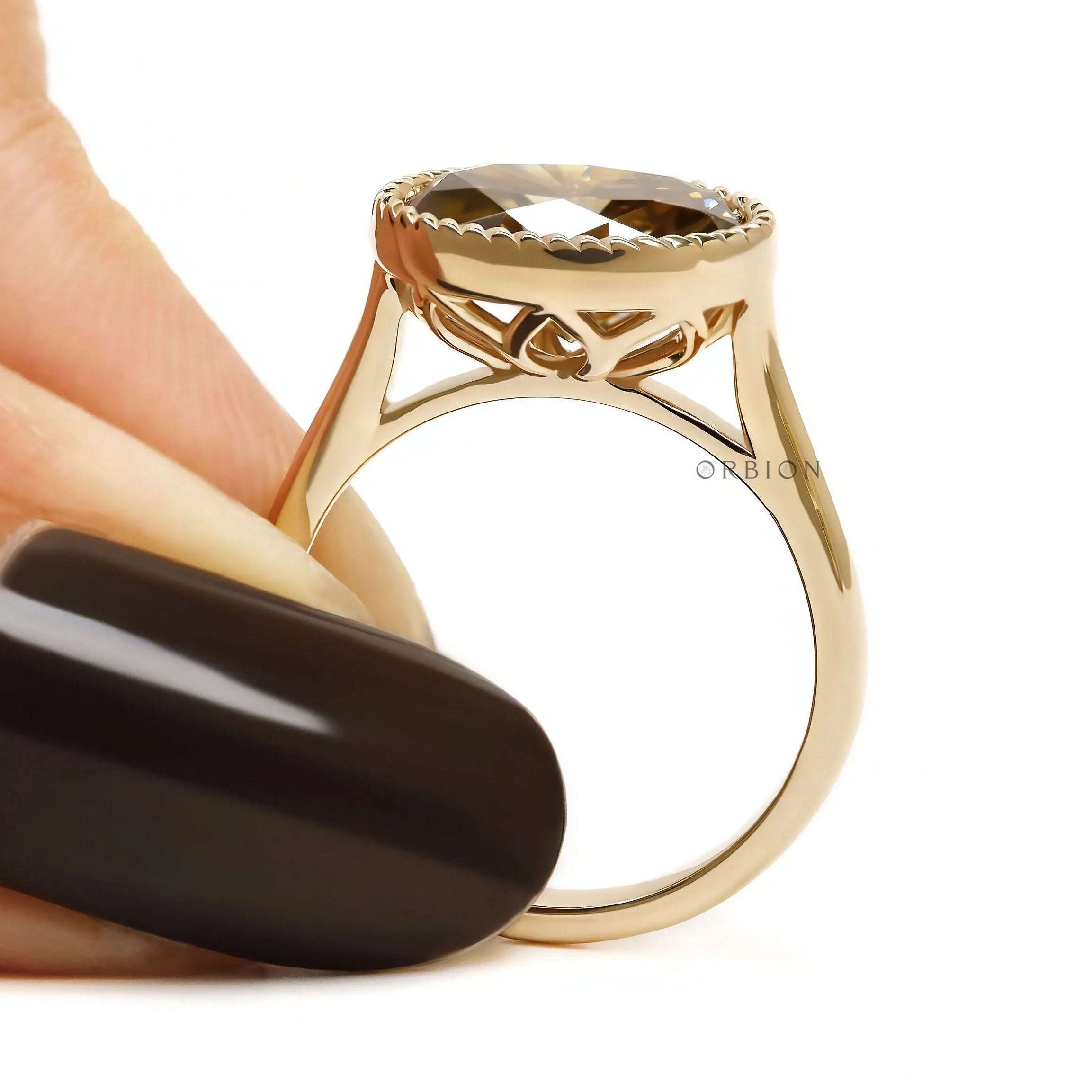 18k yellow gold East West moissanite cocktail ring, dark champagne oval, tulip set with cathedral band