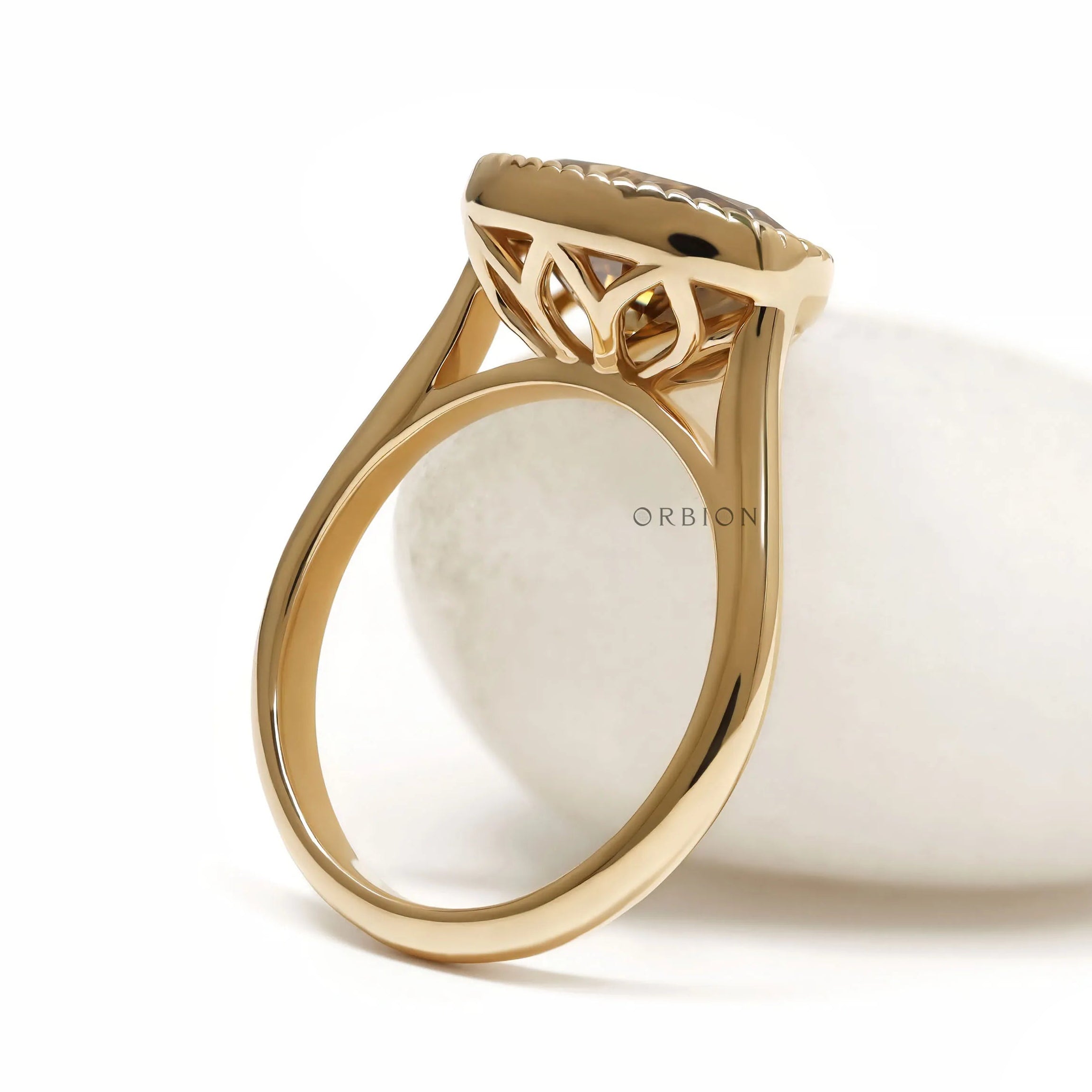 Elegant East West oval dark champagne moissanite cocktail ring with tulip setting and rope bezel
