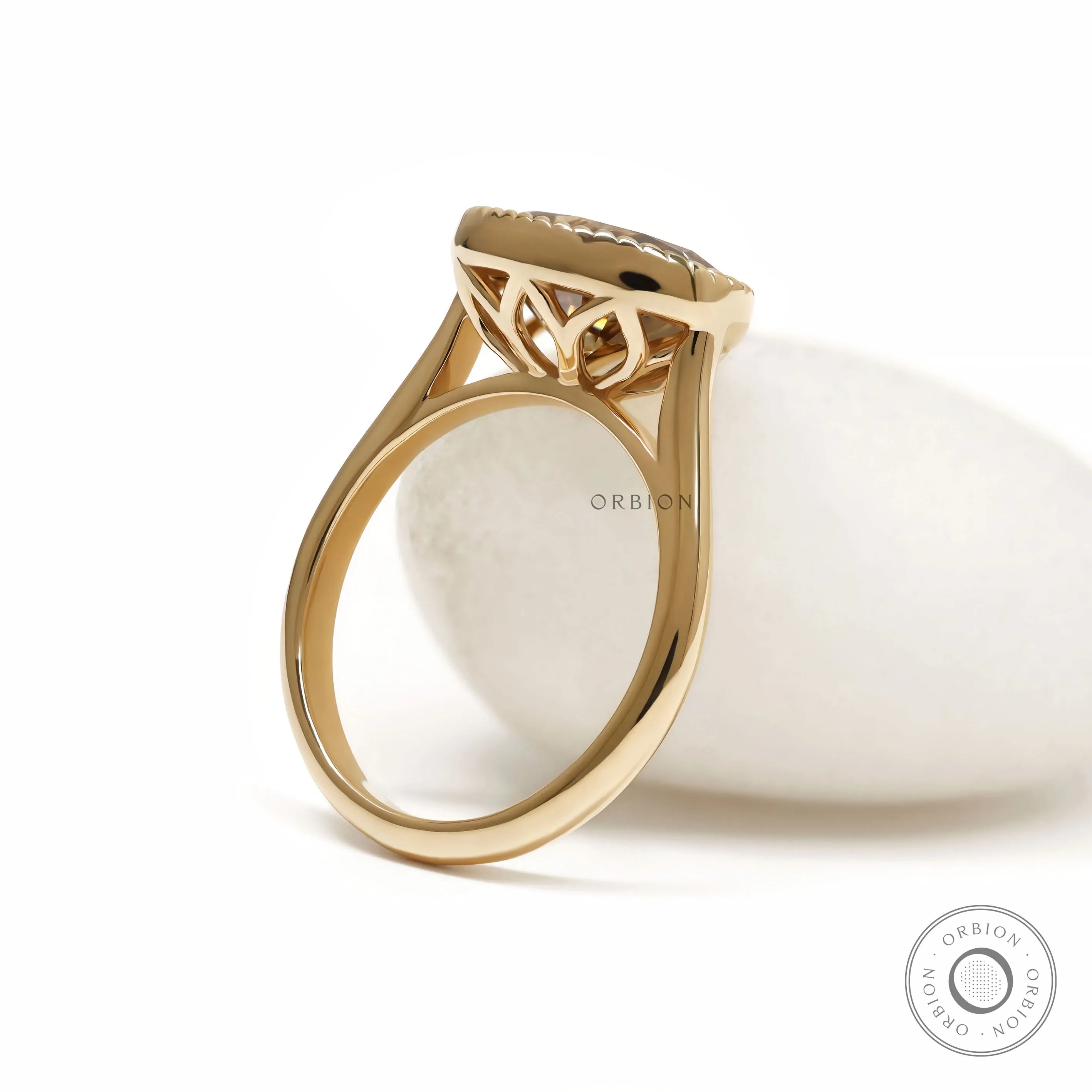 Elegant East West oval dark champagne moissanite cocktail ring with tulip setting and rope bezel