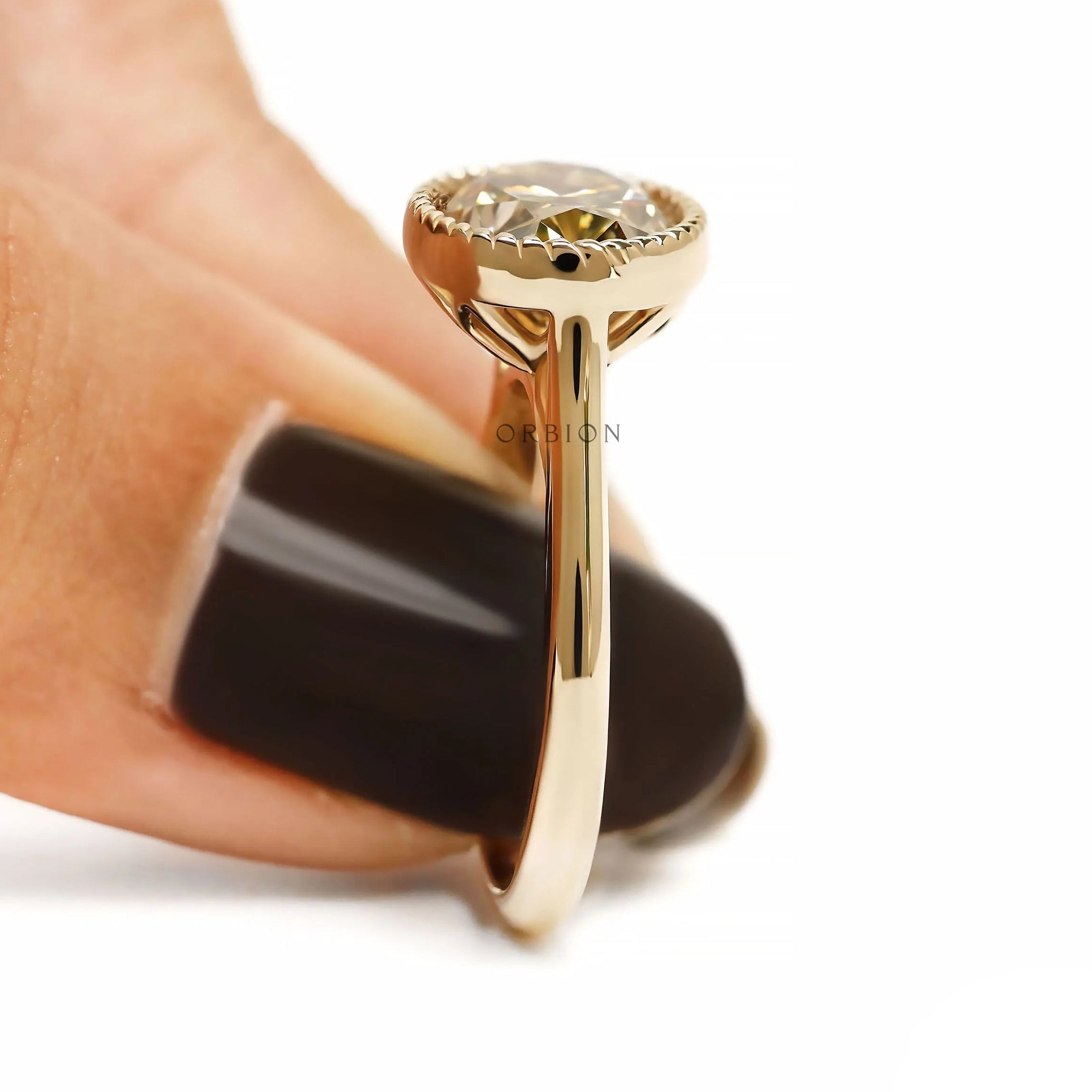 East West oval dark champagne moissanite ring with tulip floral setting and rope bezel design