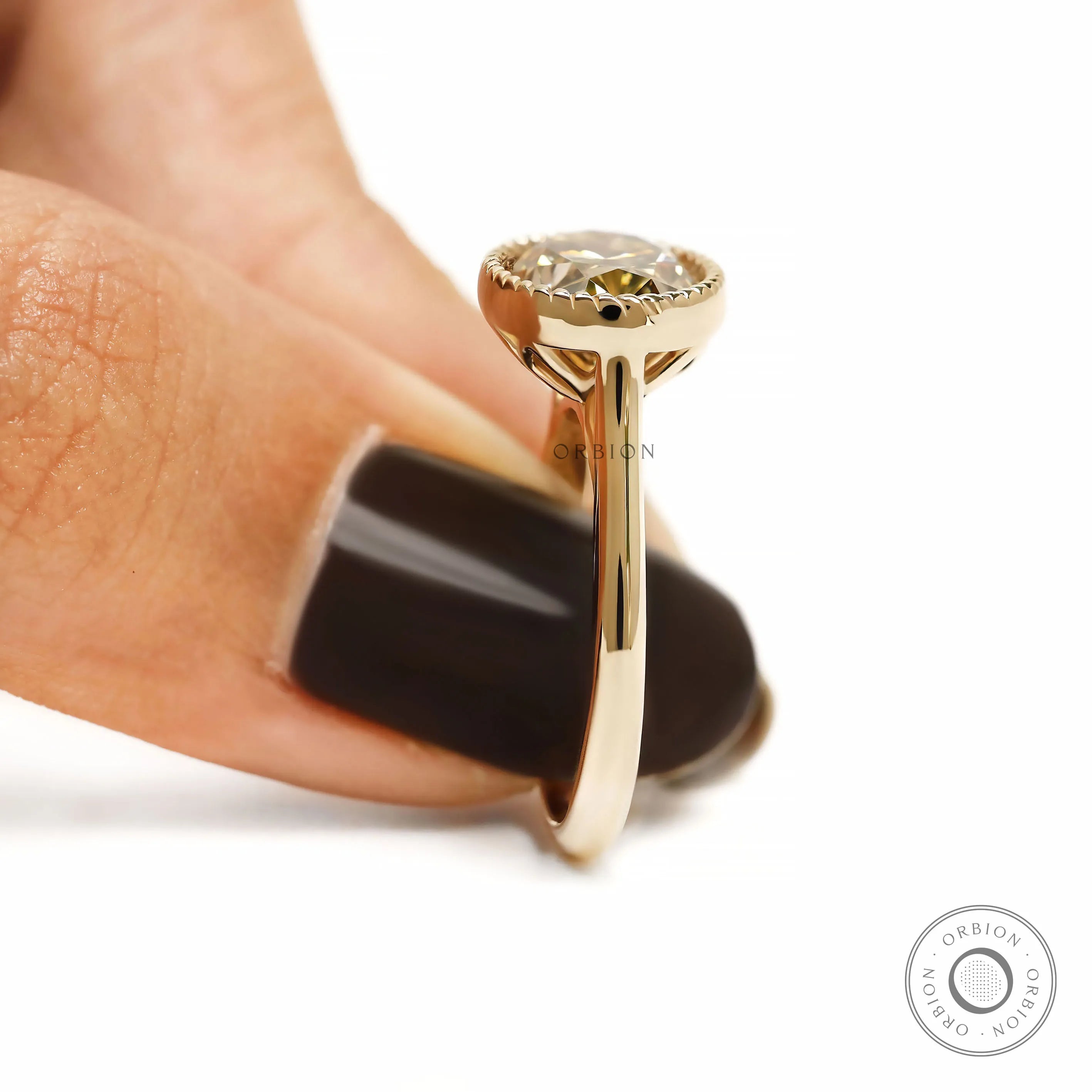 East West oval dark champagne moissanite ring with tulip floral setting and rope bezel design