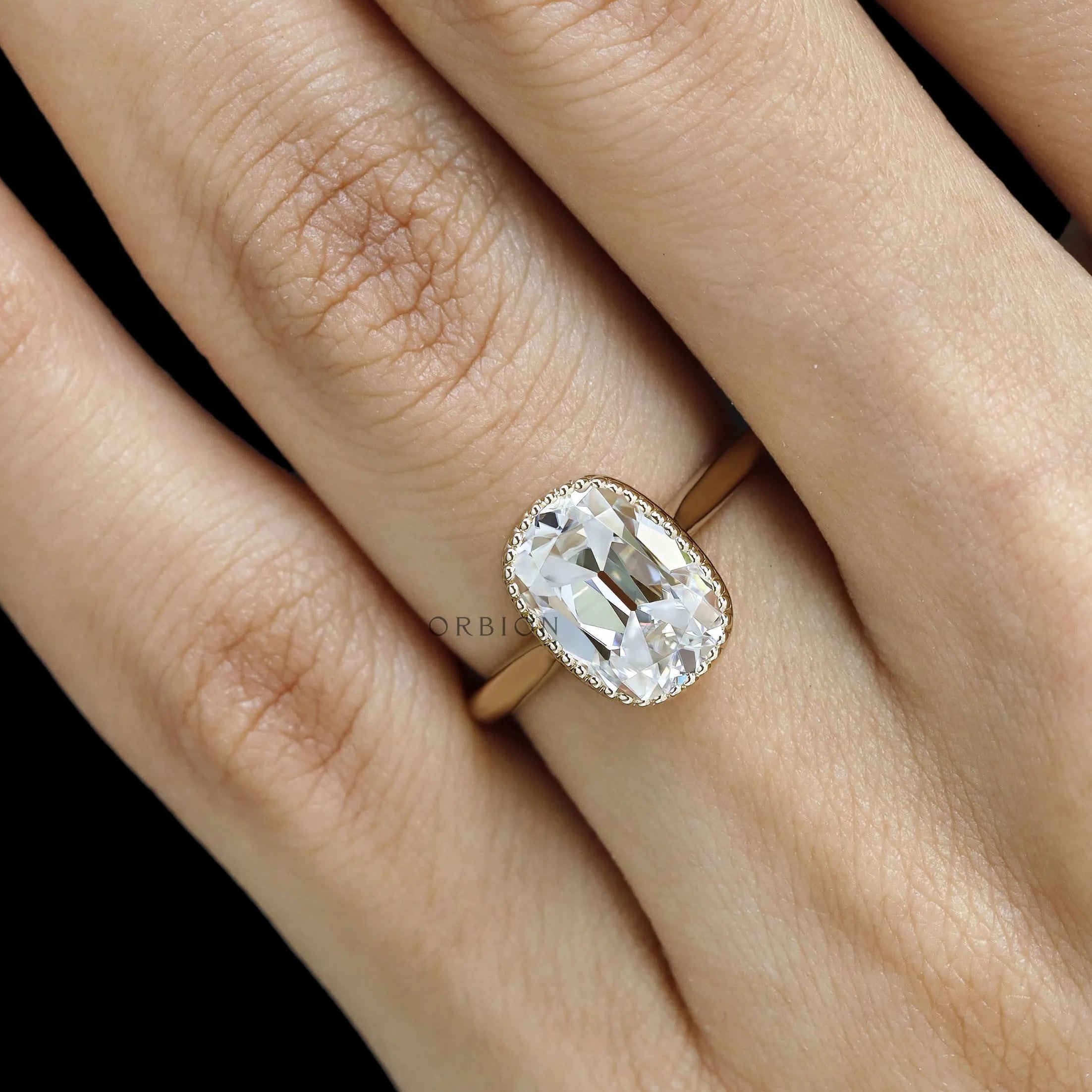 Vintage elongated cushion moissanite ring with milgrain bezel , lab diamond option