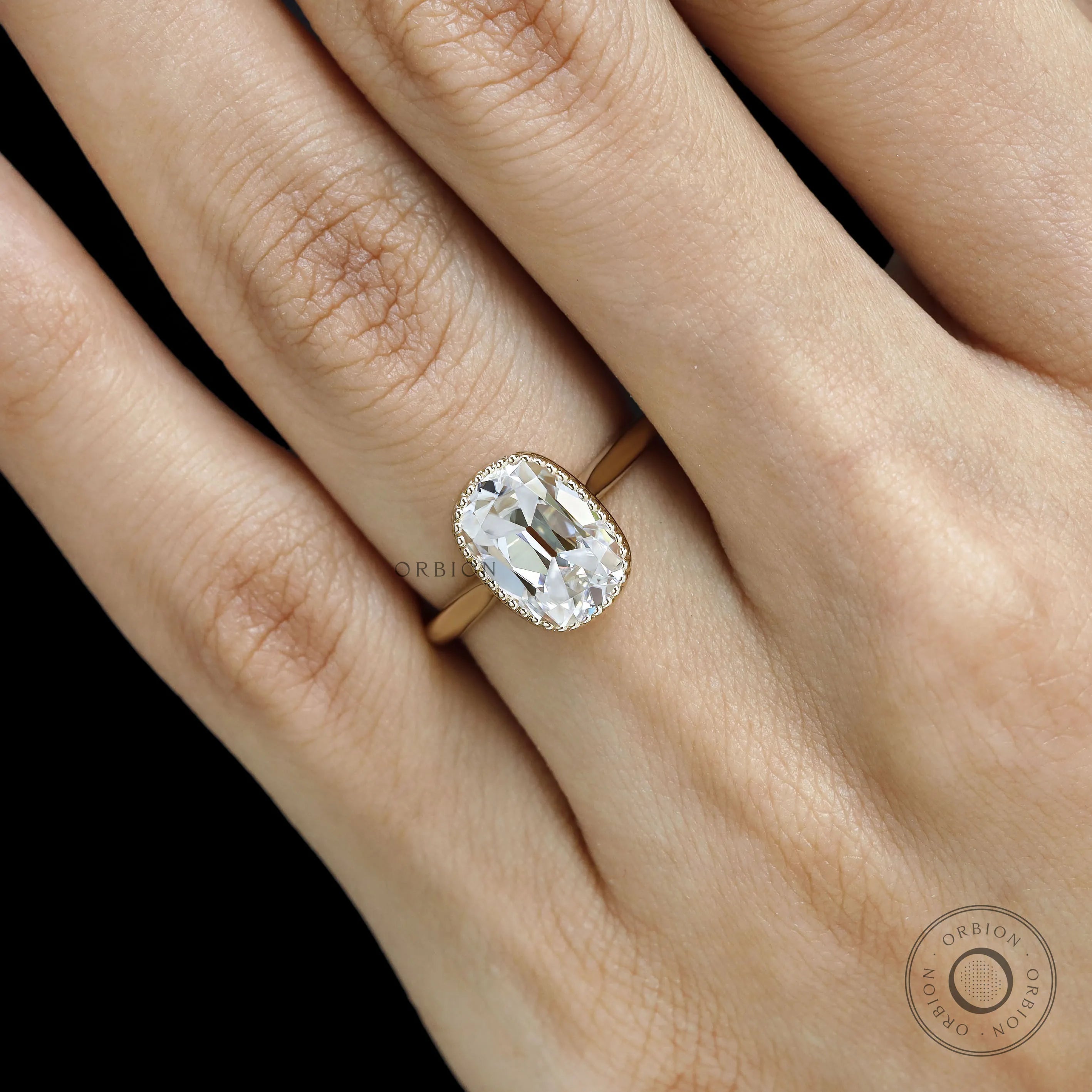 Vintage elongated cushion moissanite ring with milgrain bezel , lab diamond option