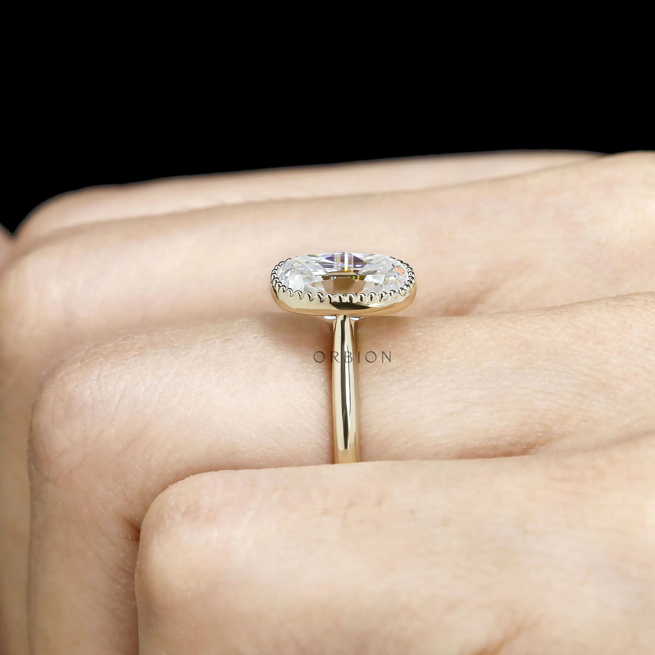 Elongated cushion solitaire moissanite ring, milgrain bezel, vintage design