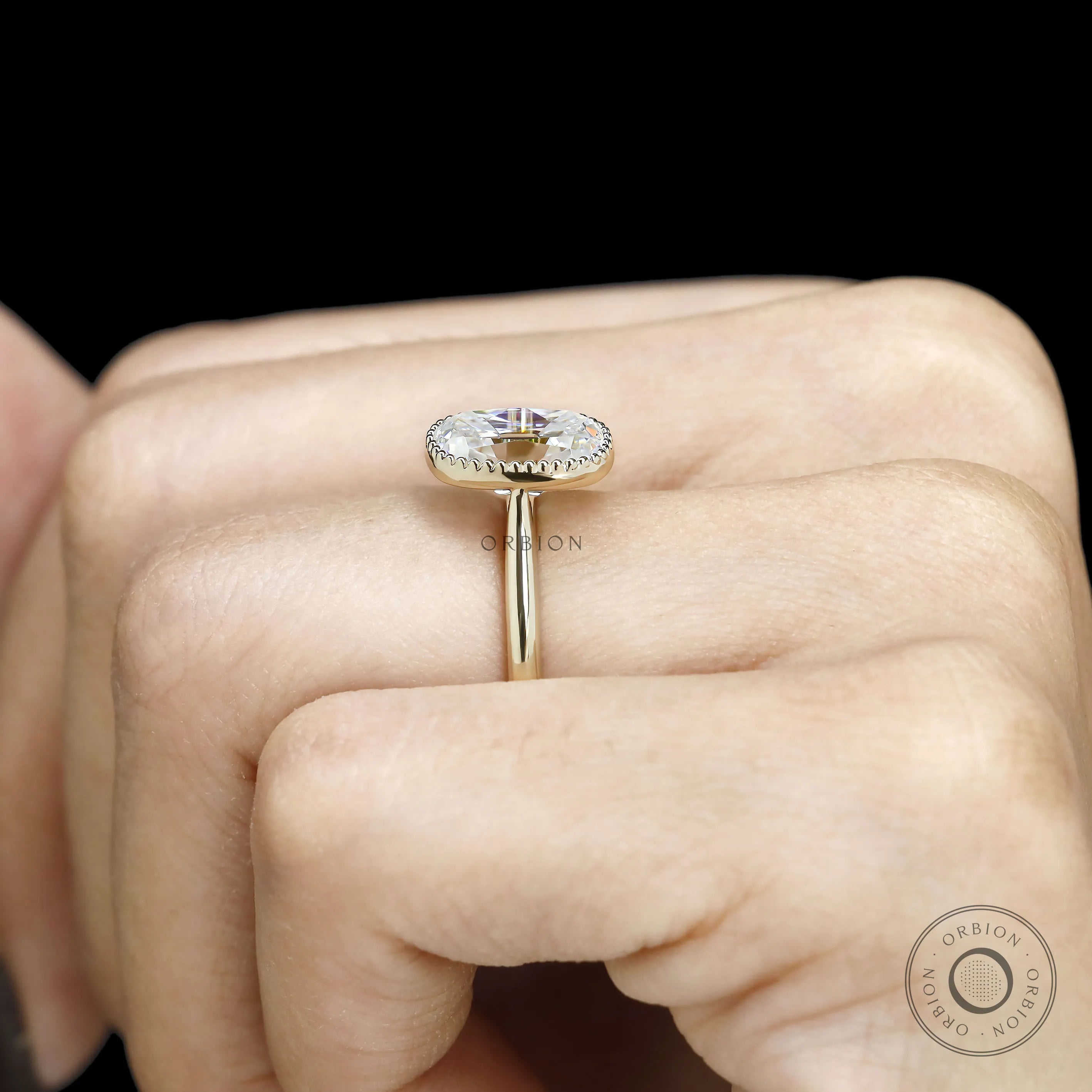 Elongated cushion solitaire moissanite ring, milgrain bezel, vintage design