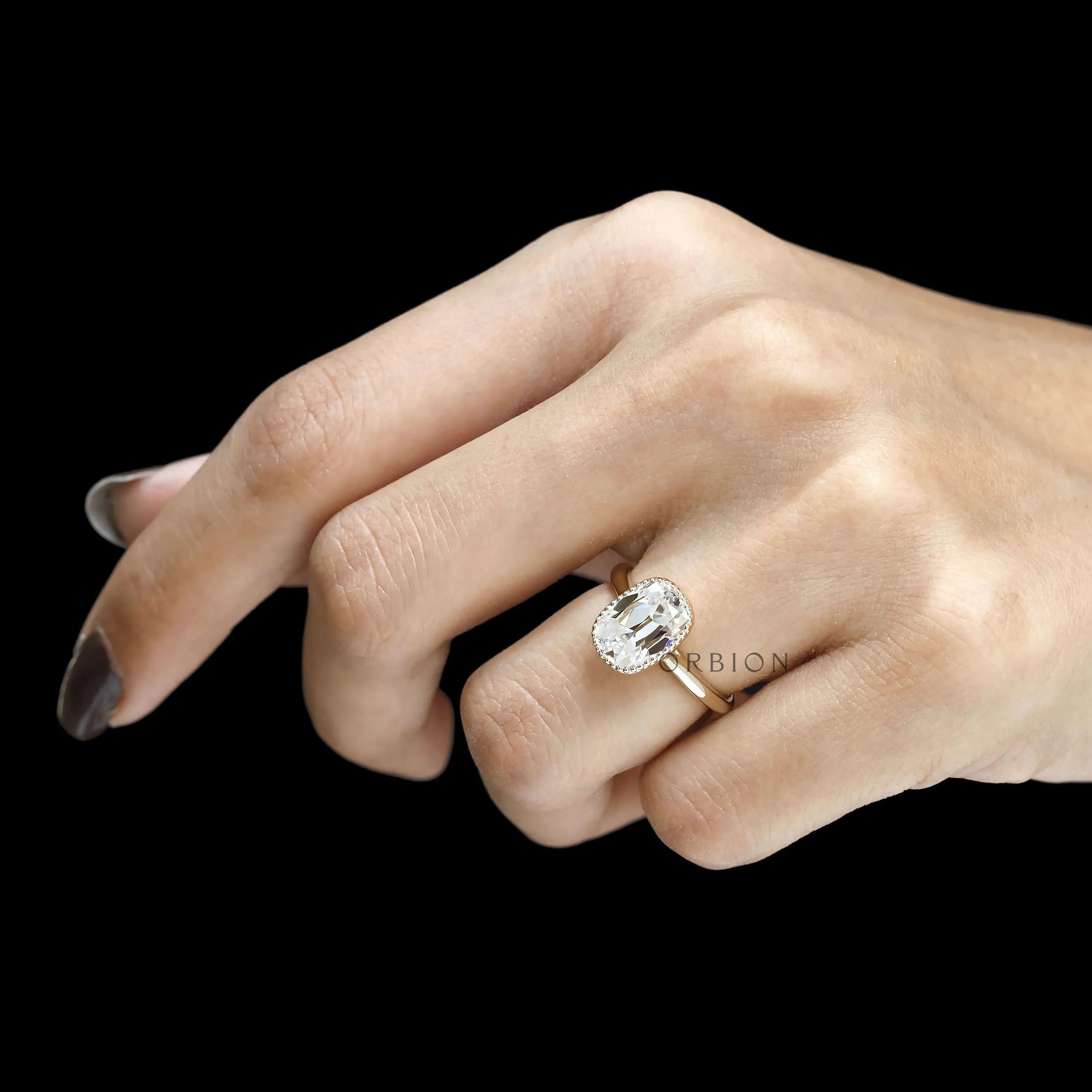 Antique-inspired elongated cushion lab grown diamond milgrain bezel ring in 10k yellow gold