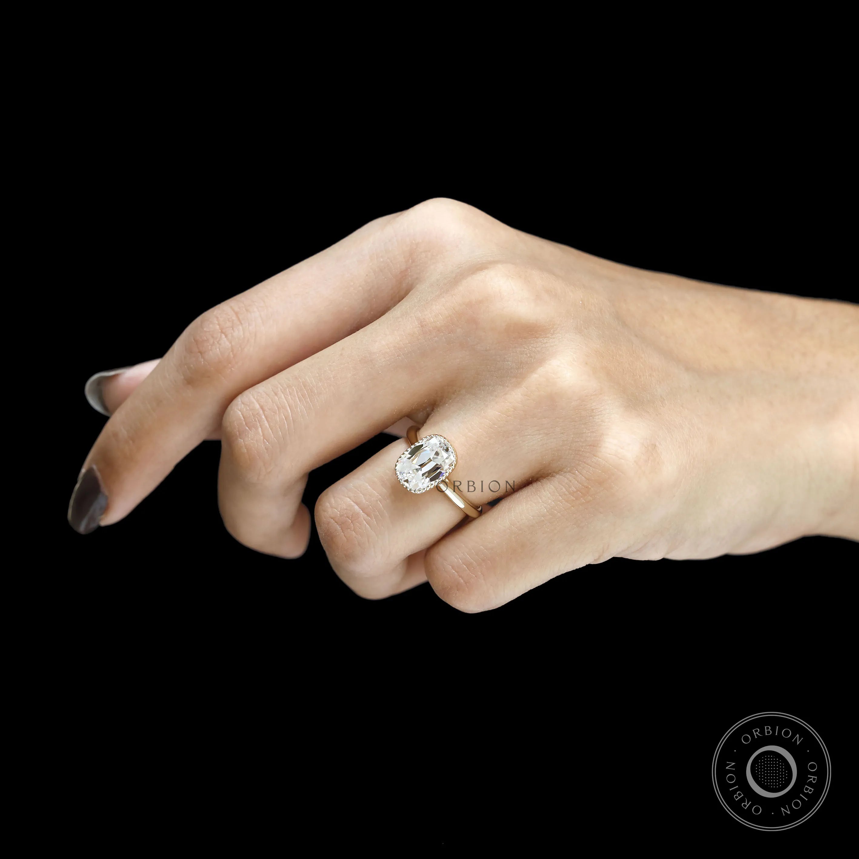 Antique-inspired elongated cushion lab grown diamond milgrain bezel ring in 10k yellow gold