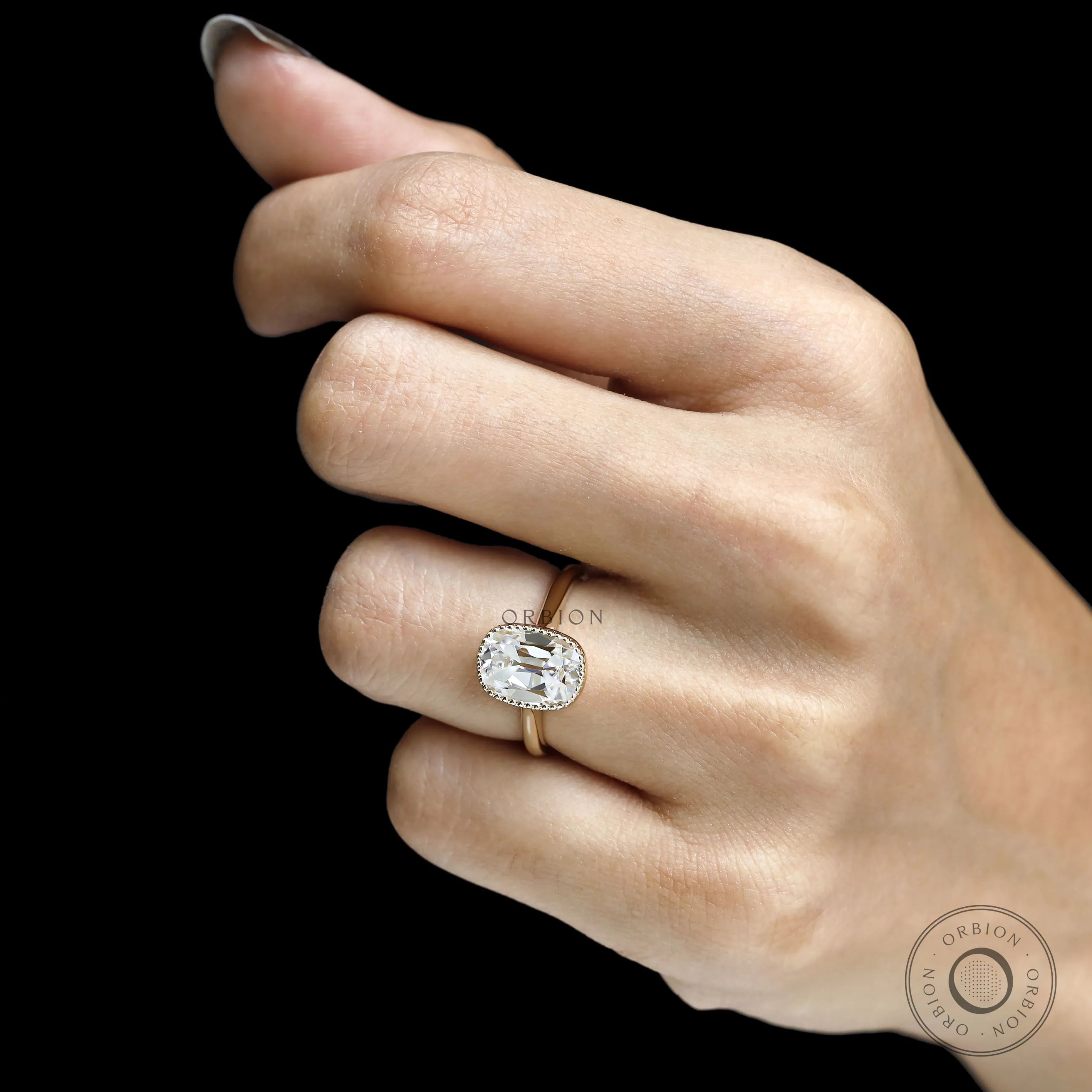 Elongated cushion moissanite ring, OMC, vintage style, 10k yellow gold cathedral with milgrain bezel