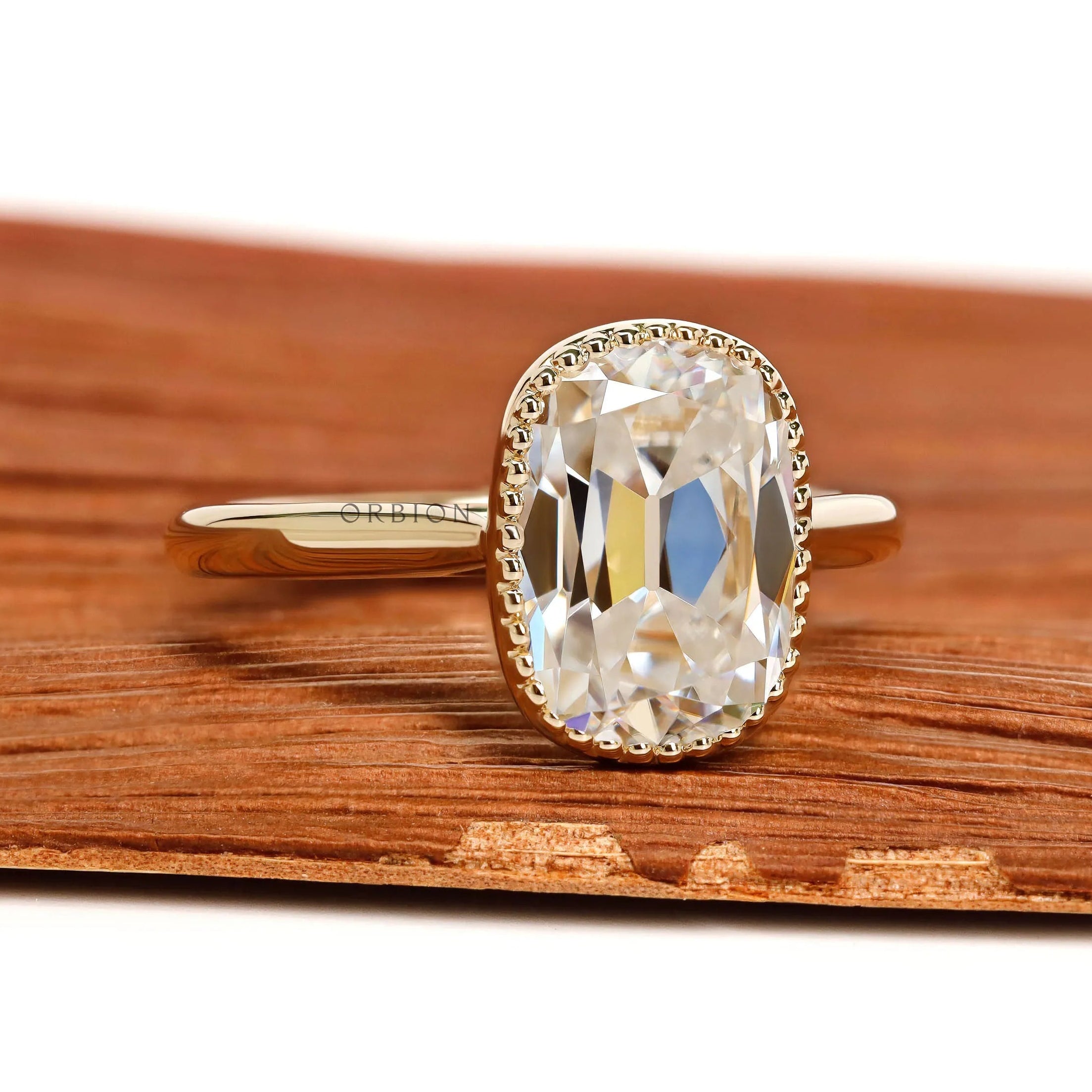 OMC elongated cushion moissanite ring with milgrain bezel, vintage inspired 