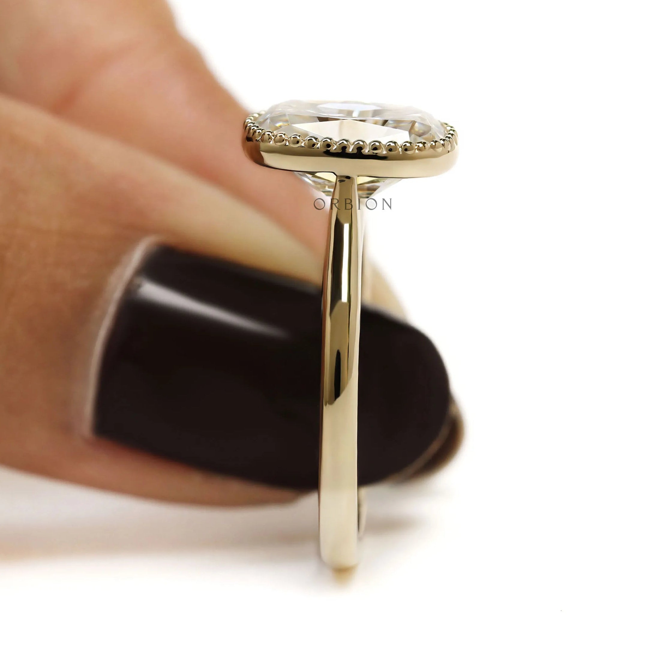 Elongated cushion moissanite ring, OMC, 10k yellow gold cathedral, vintage style