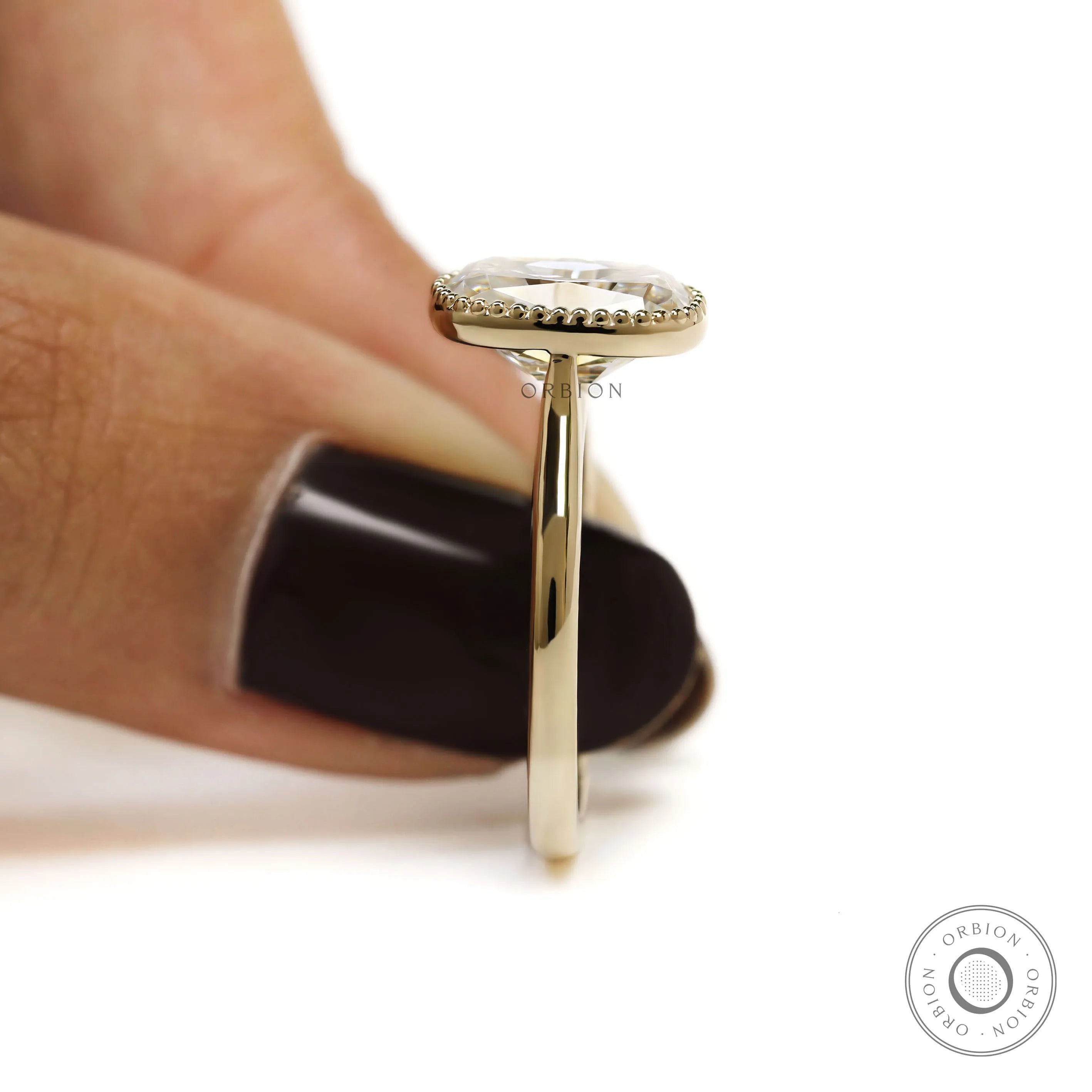 Elongated cushion moissanite ring, OMC, 10k yellow gold cathedral, vintage style