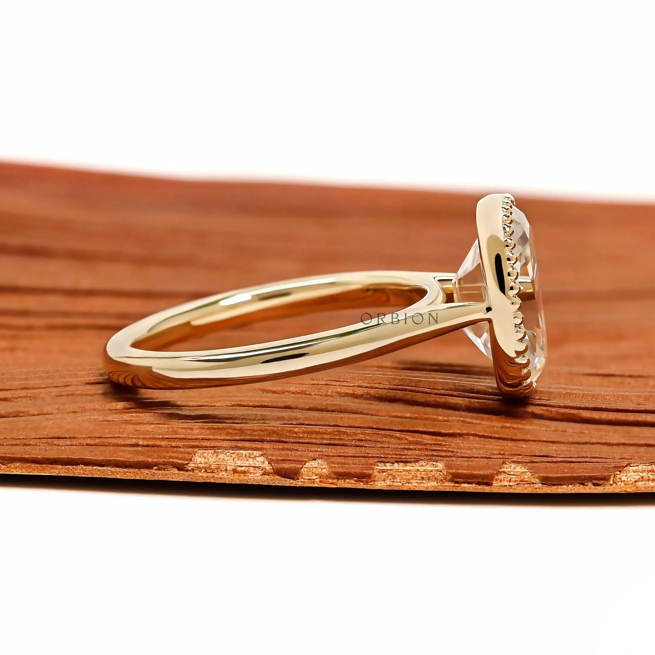 Vintage style elongated cushion lab diamond ring, milgrain bezel setting, 10k yellow gold 