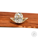 Curved elongated old mine cushion cut lab diamond ring with compass setting in 14k yellow gold