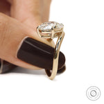Lab diamond ring with curved elongated cushion cut and compass setting, 14k yellow gold