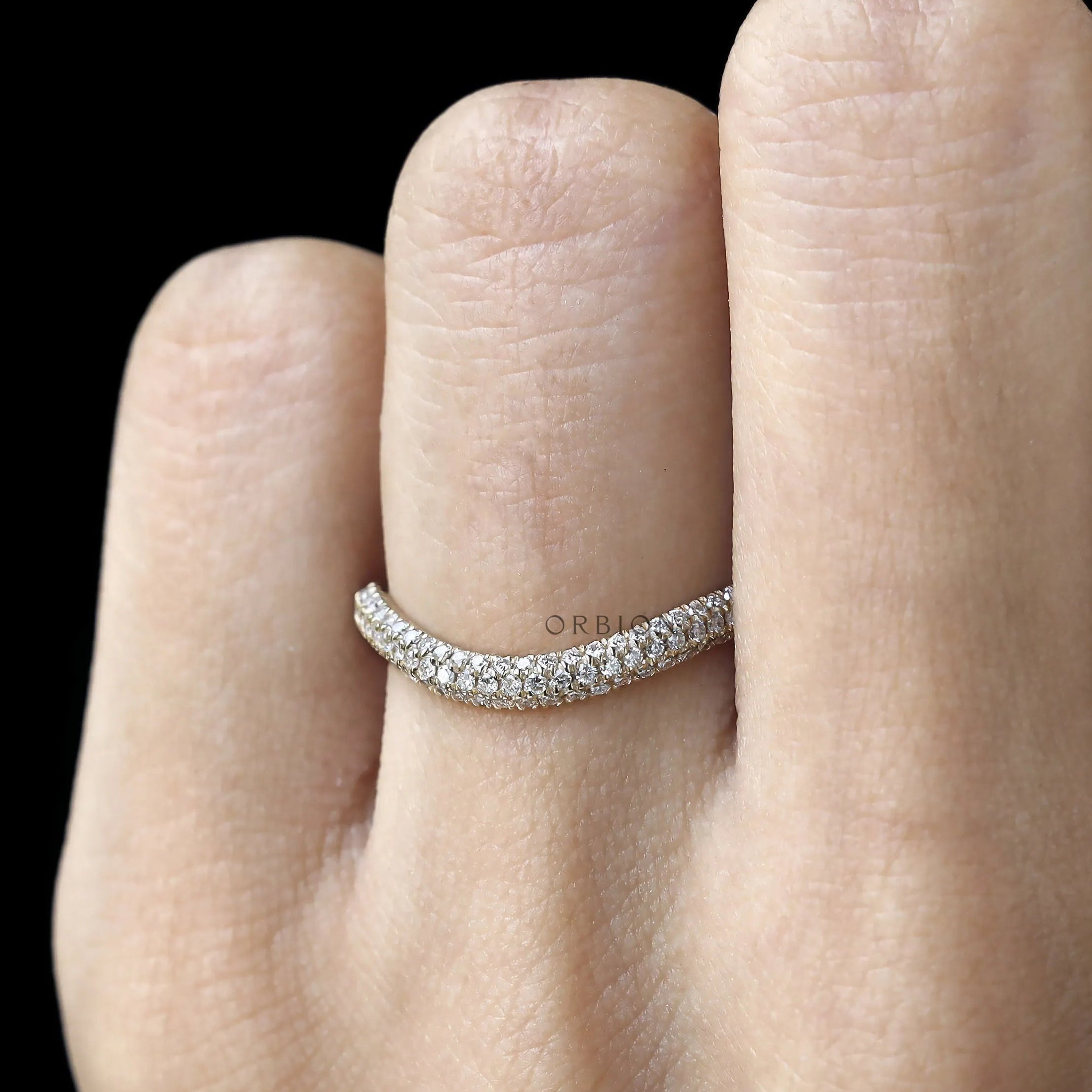 Curved pave three row lab diamond wedding band yellow gold