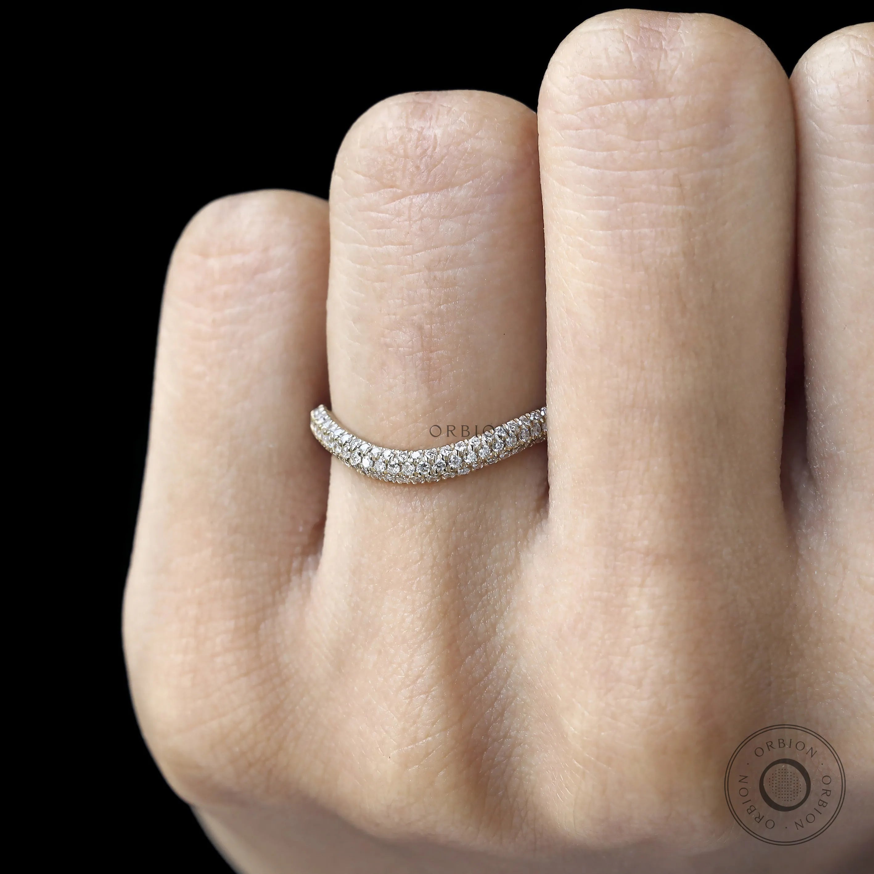 Curved pave three row lab diamond wedding band yellow gold