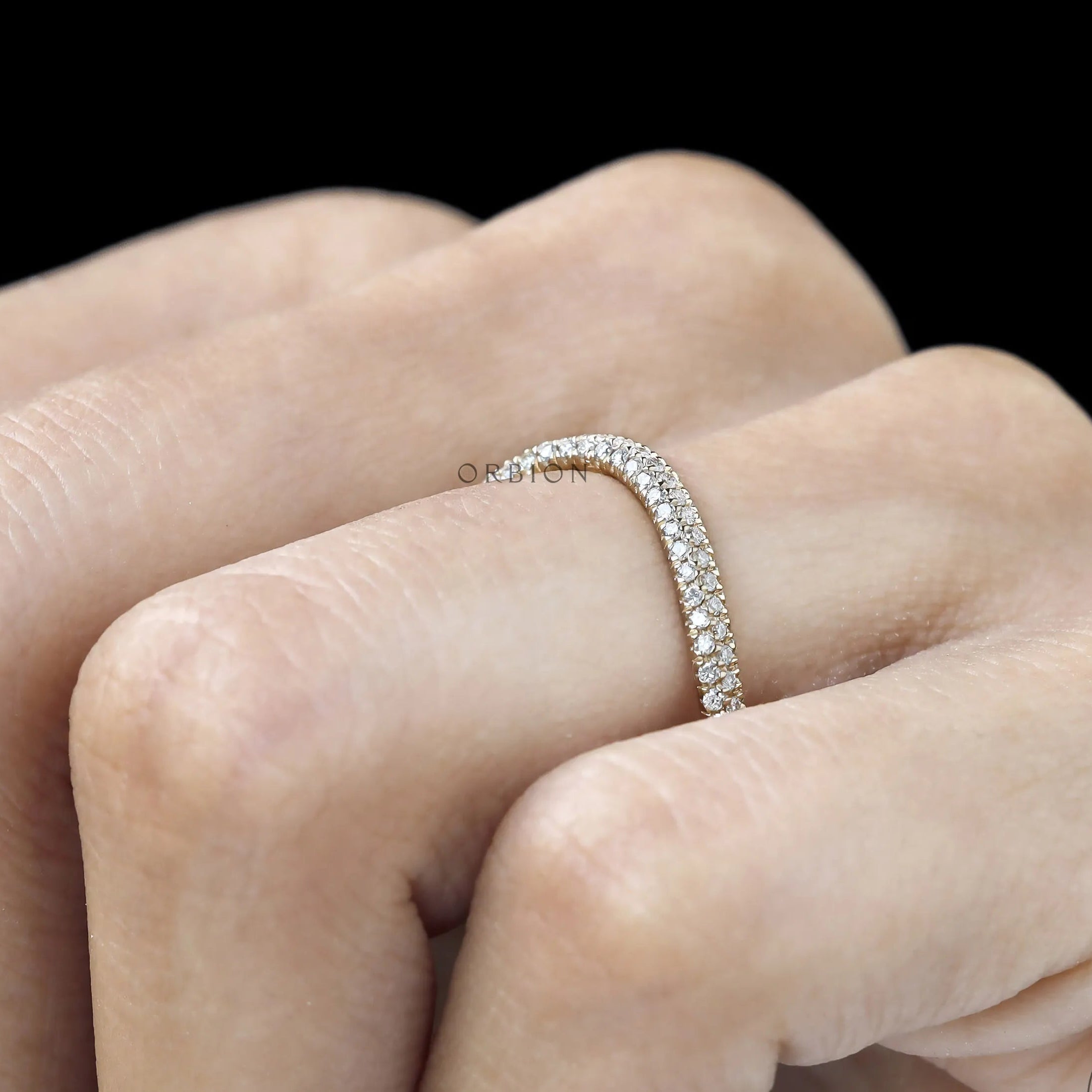 14k yellow gold curved three-row pave ring with lab diamonds or moissanite, perfect for stacking