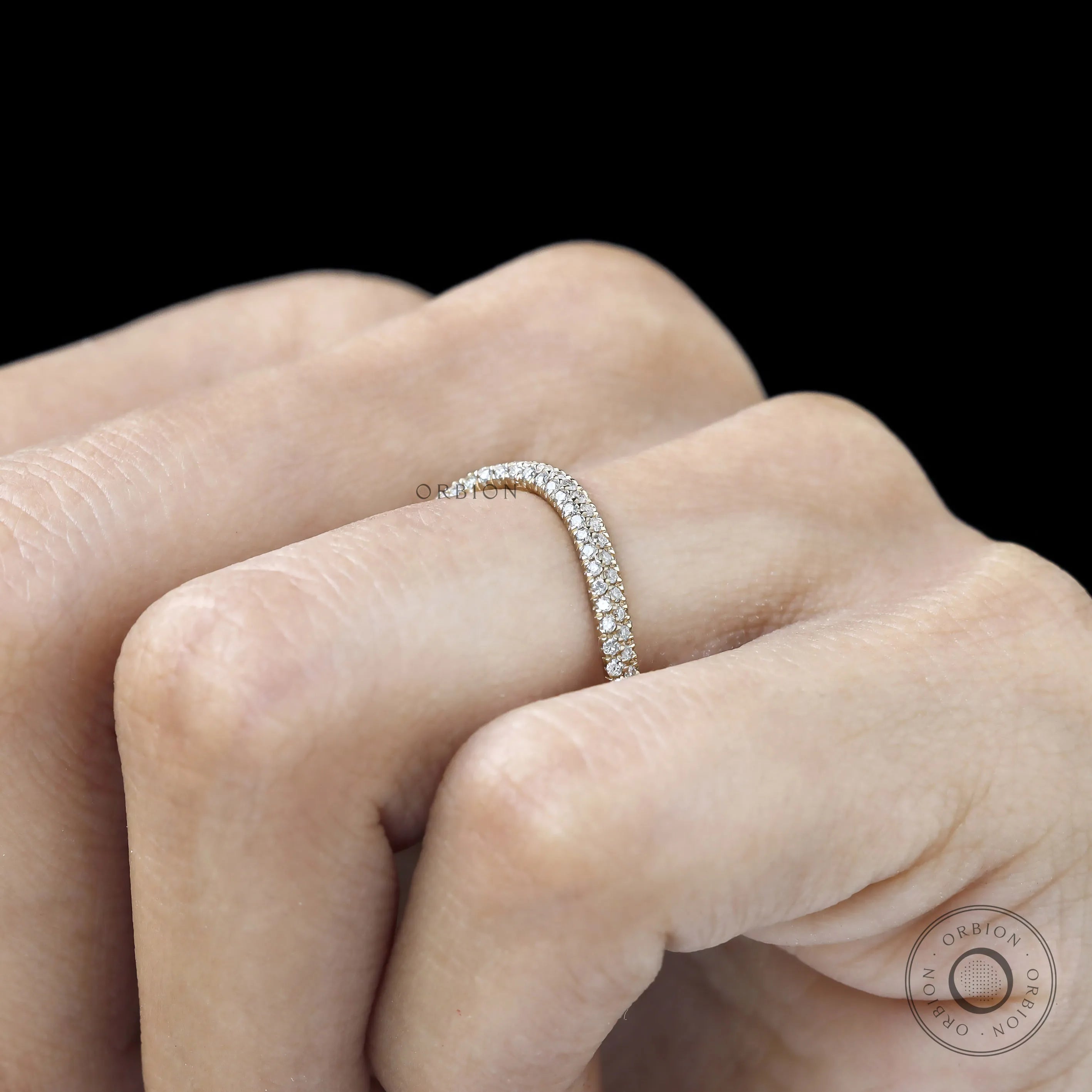 14k yellow gold curved three-row pave ring with lab diamonds or moissanite, perfect for stacking
