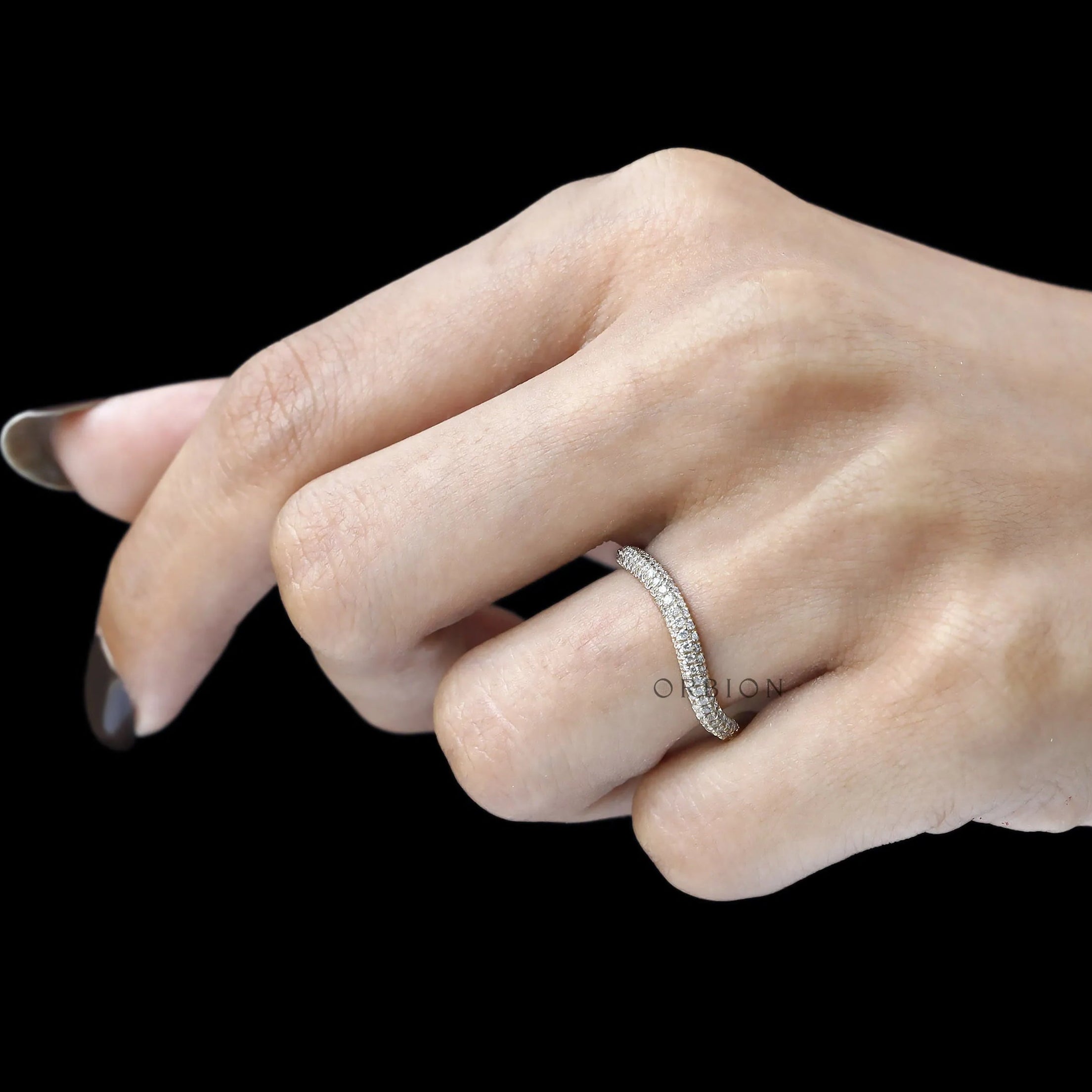 Elegant 14k yellow gold curved band with three rows of sparkling lab diamonds or moissanite