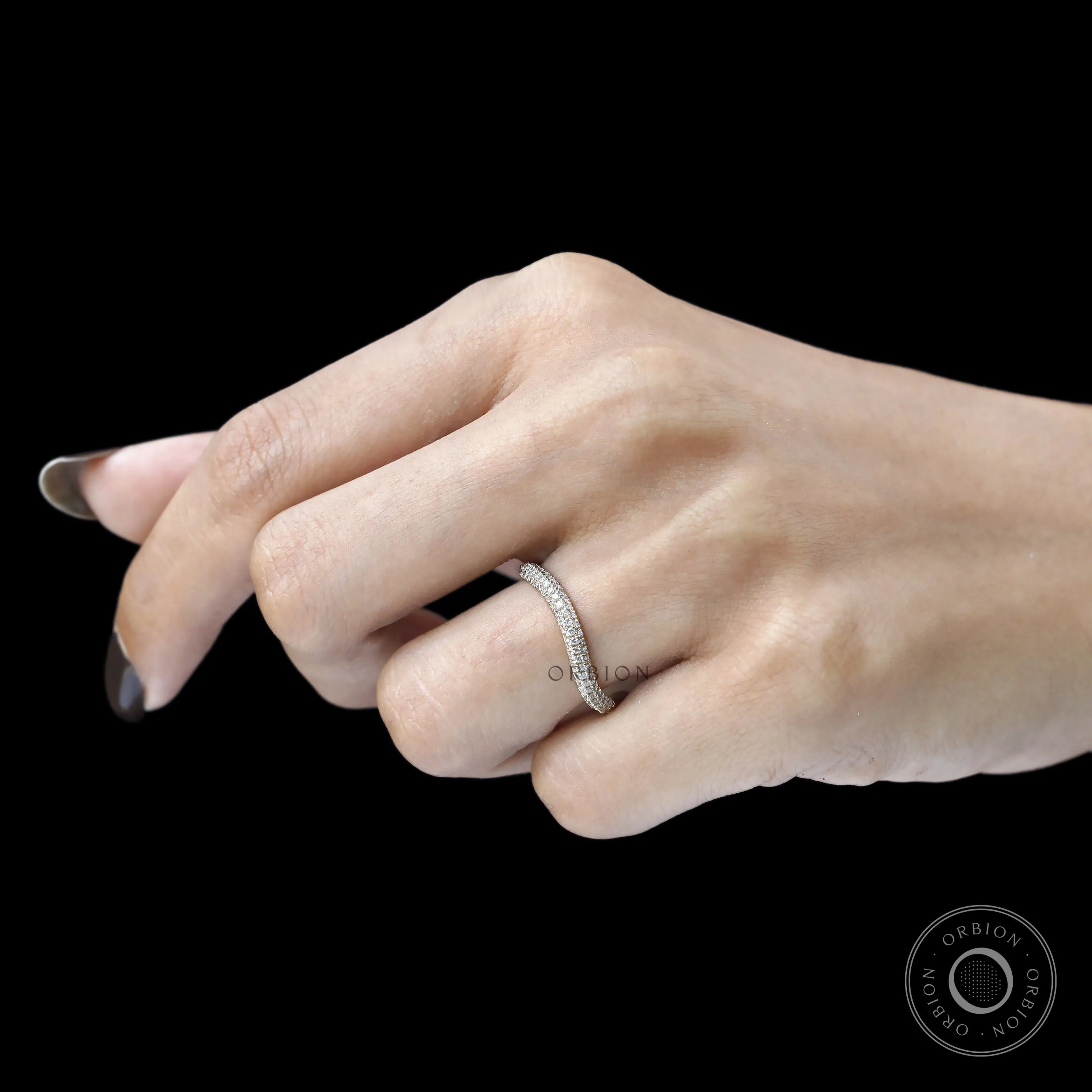 Elegant 14k yellow gold curved band with three rows of sparkling lab diamonds or moissanite