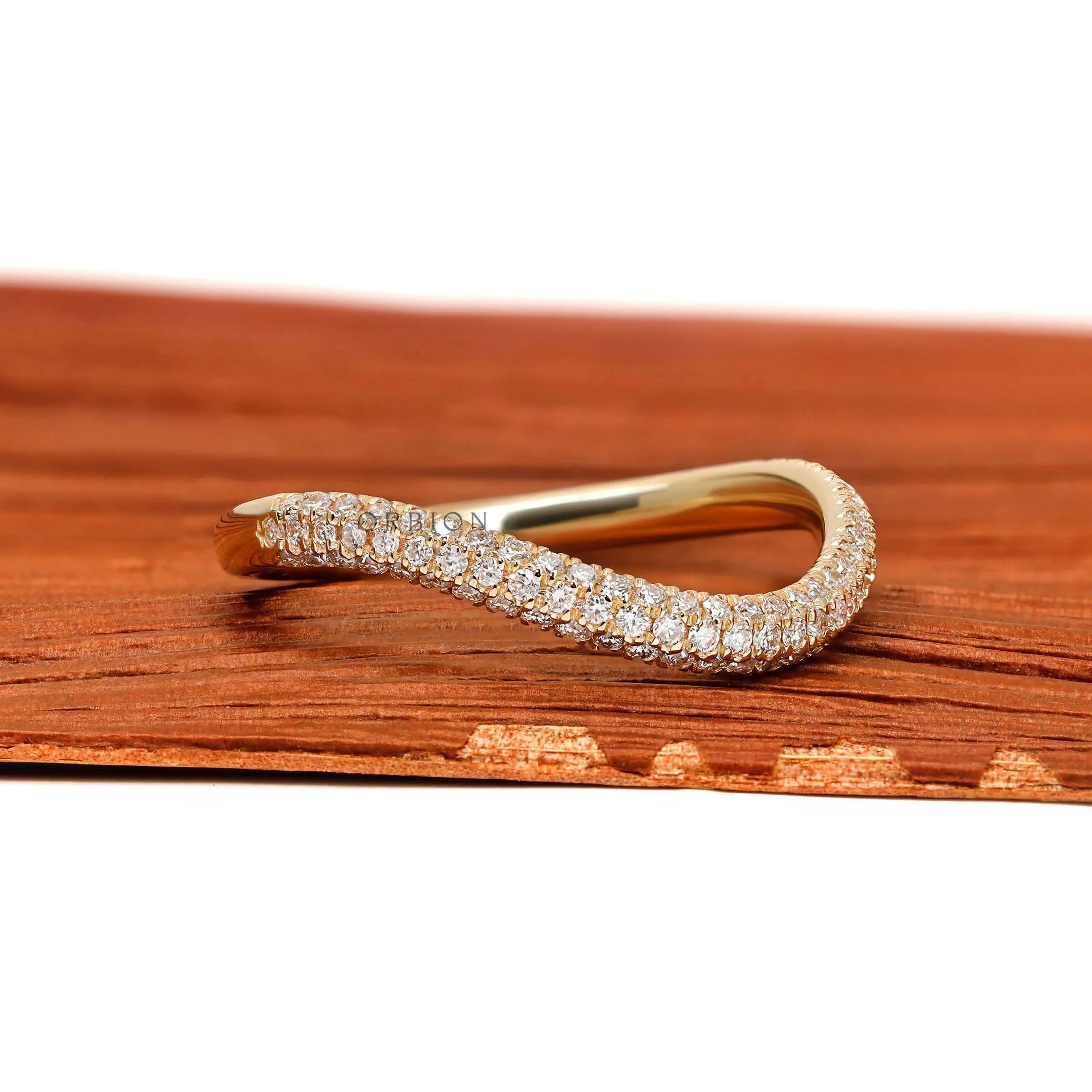 Three-row pave diamond or moissanite curved stacking band in 14k yellow gold