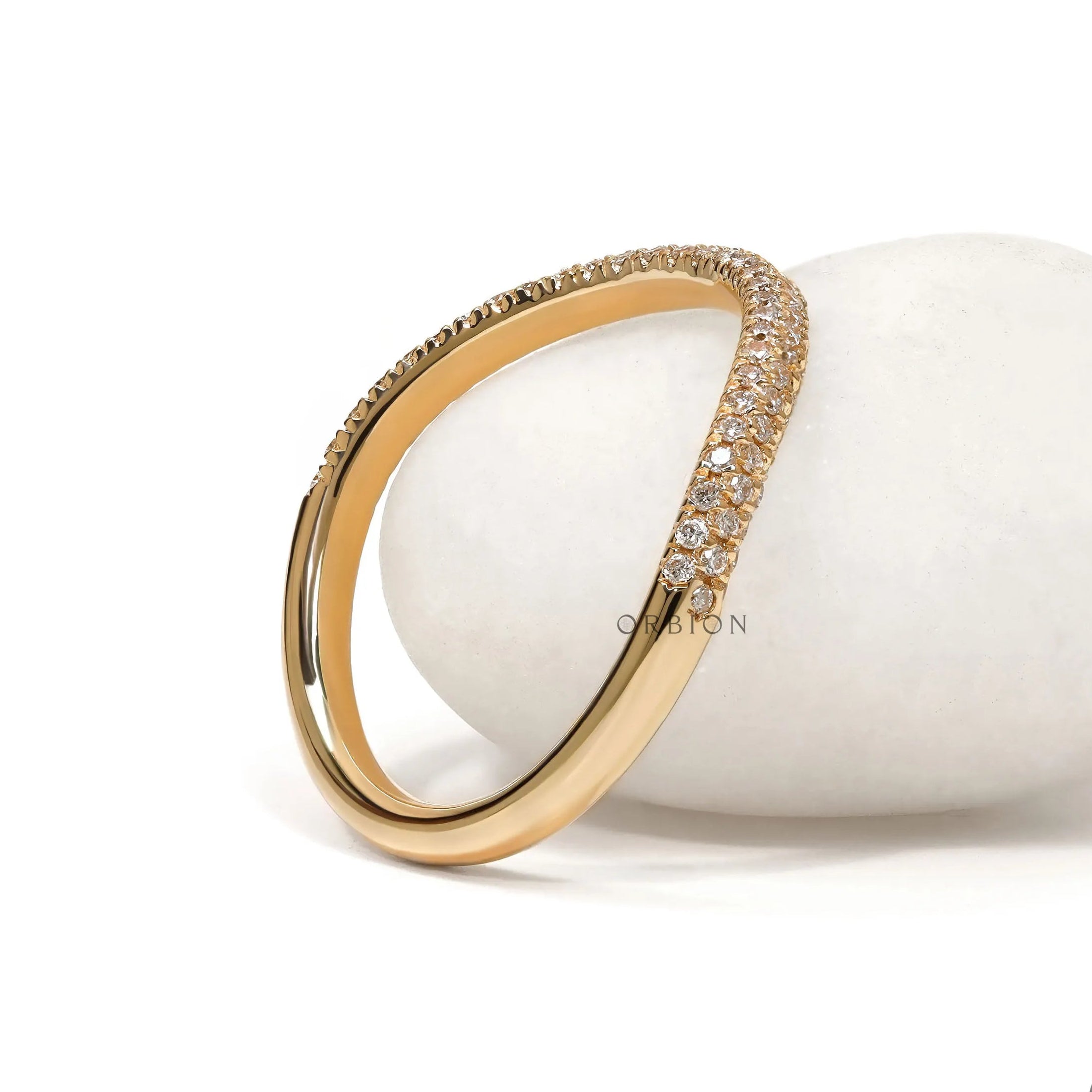 Yellow gold curved half-eternity ring with lab diamonds or moissanite for stacking or layering