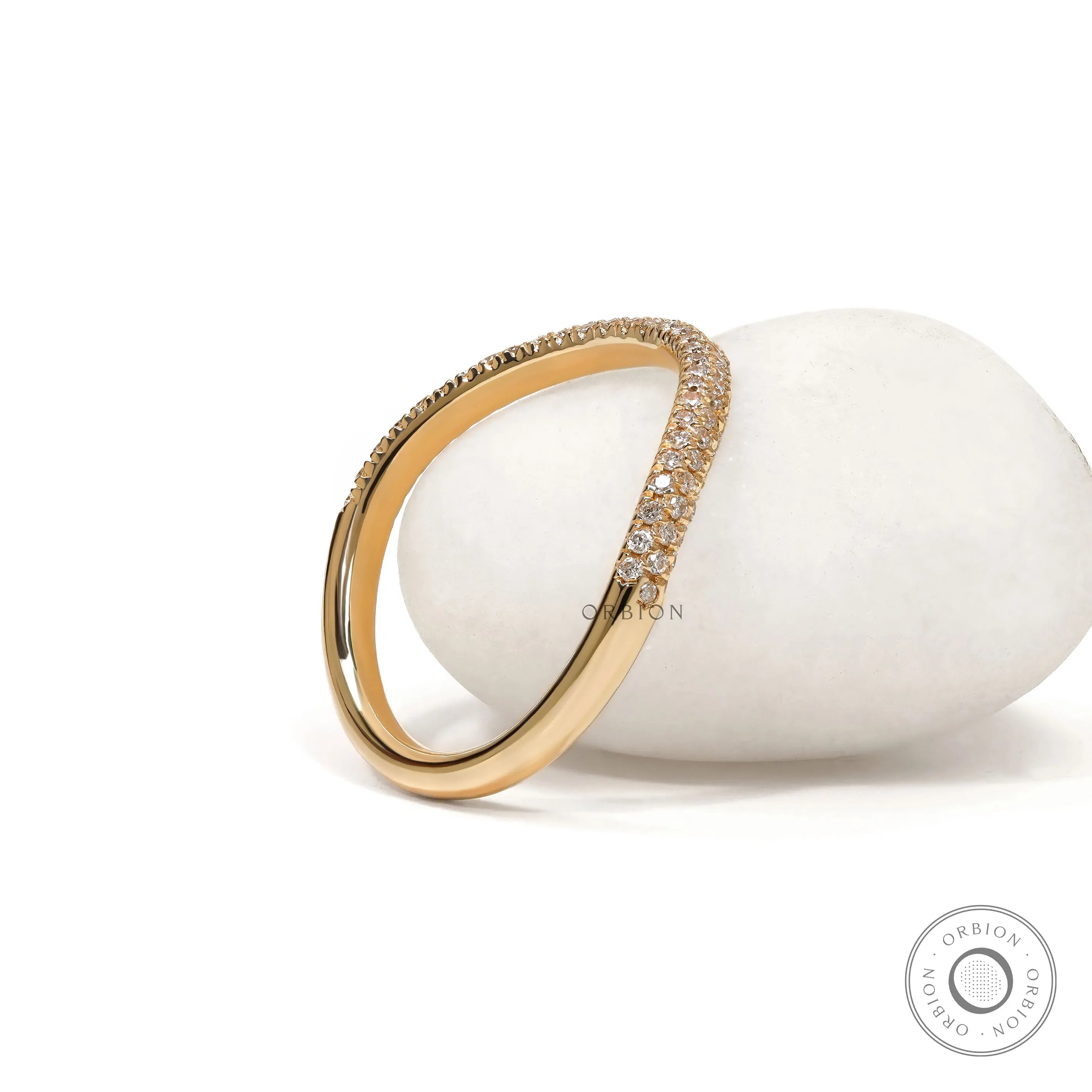 Yellow gold curved half-eternity ring with lab diamonds or moissanite for stacking or layering