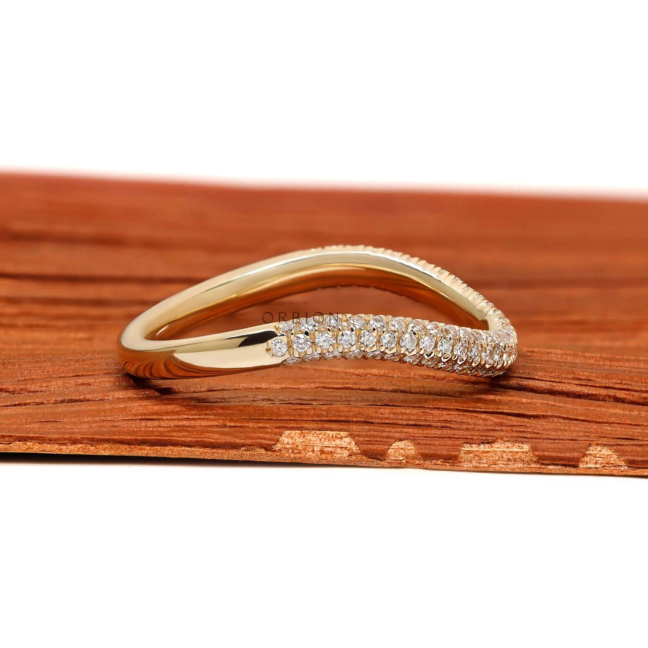 Elegant half eternity ring in 14k yellow gold with pave lab diamonds or moissanite, curved design