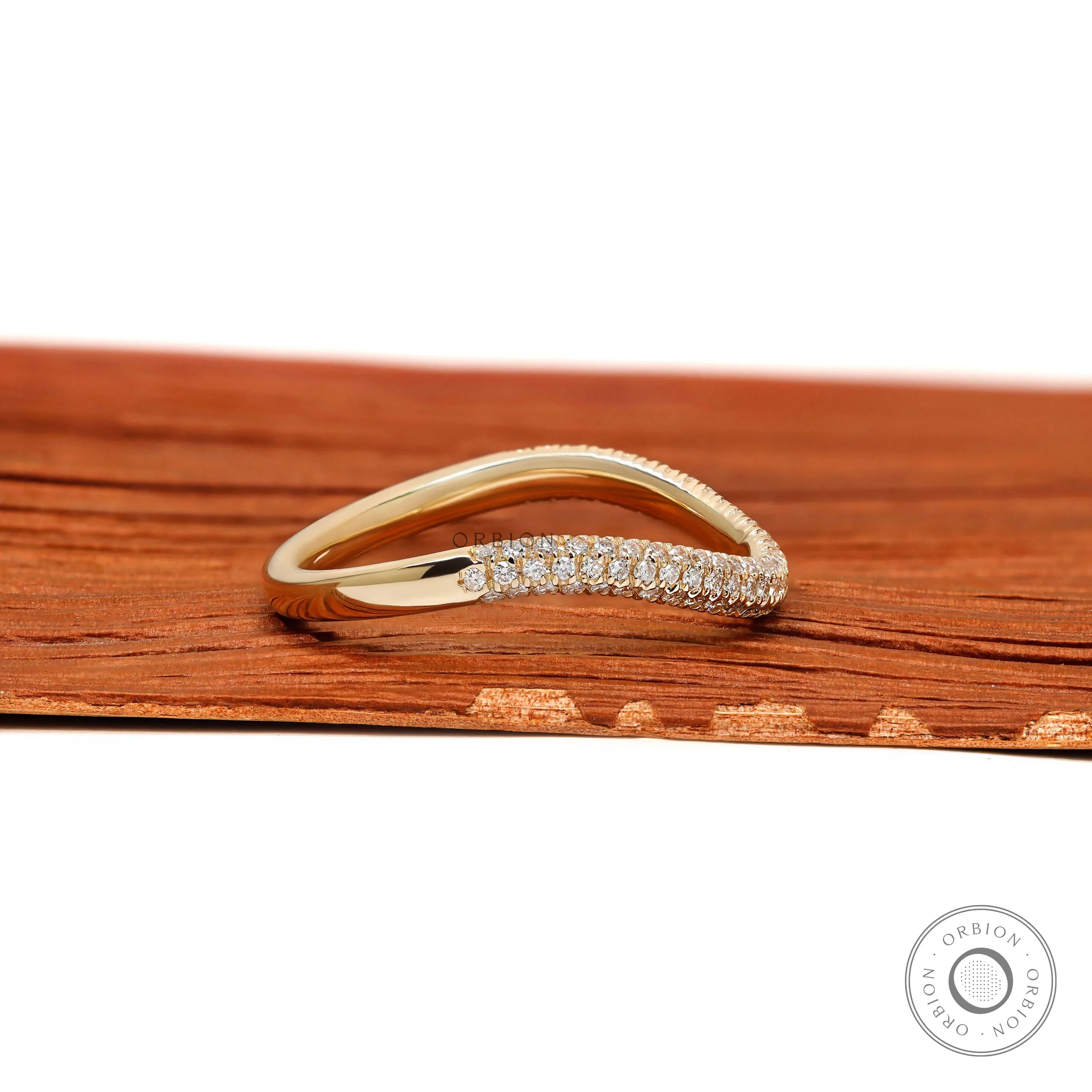 Elegant half eternity ring in 14k yellow gold with pave lab diamonds or moissanite, curved design