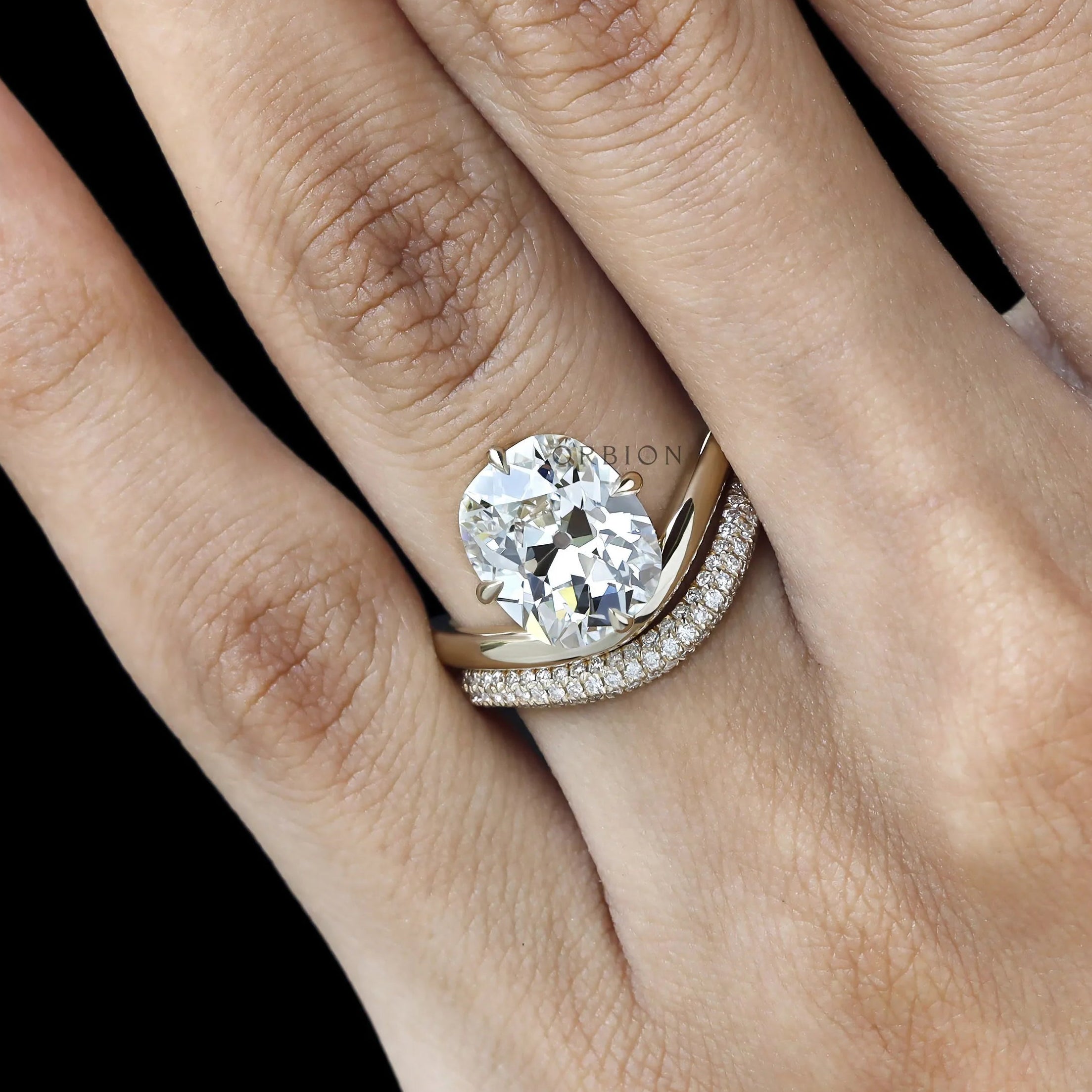 Modern curved elongated cushion bridal ring set with lab diamond or moissanite in compass setting, 14k yellow gold