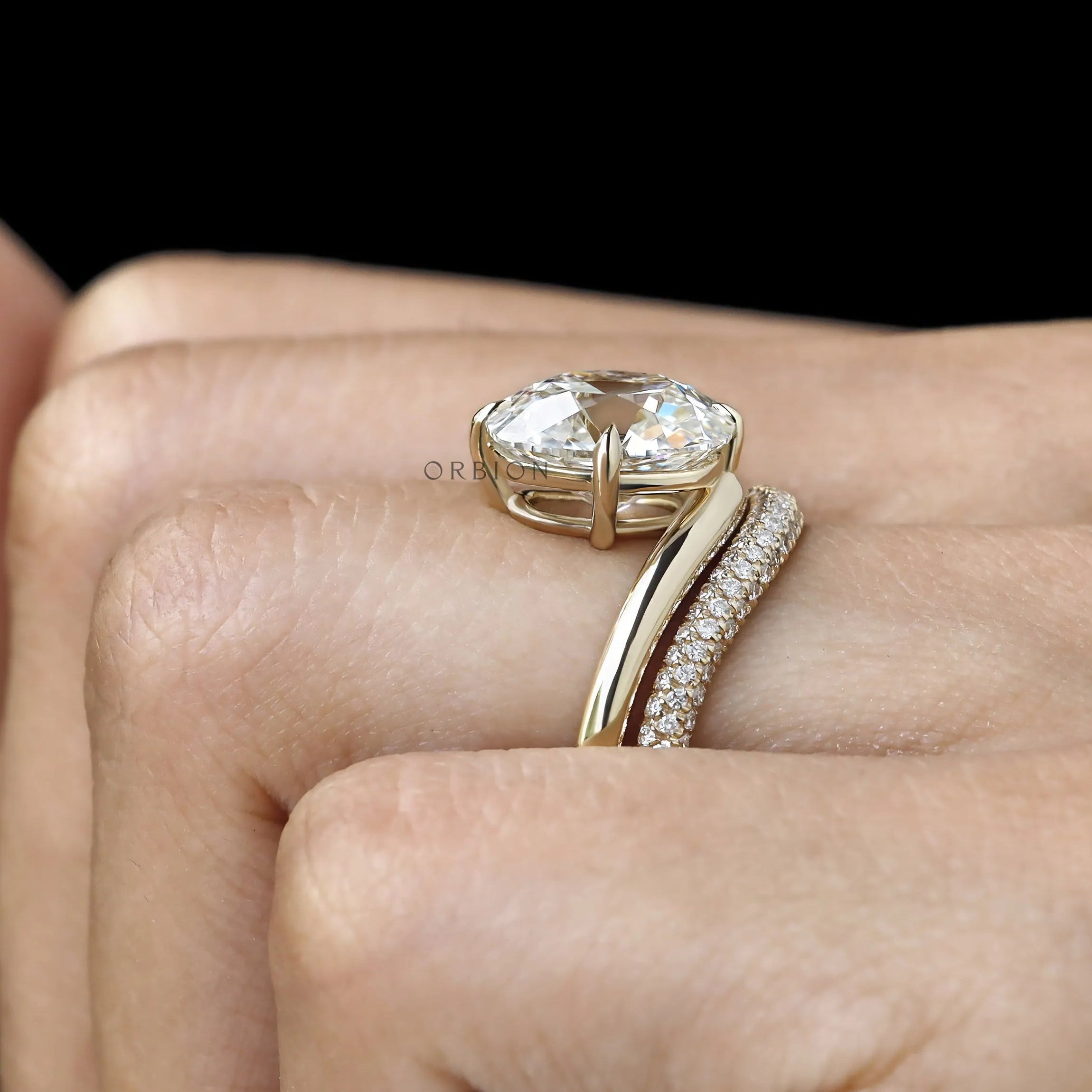 Contemporary wedding ring set with elongated cushion cut lab diamond or moissanite, 14k yellow gold