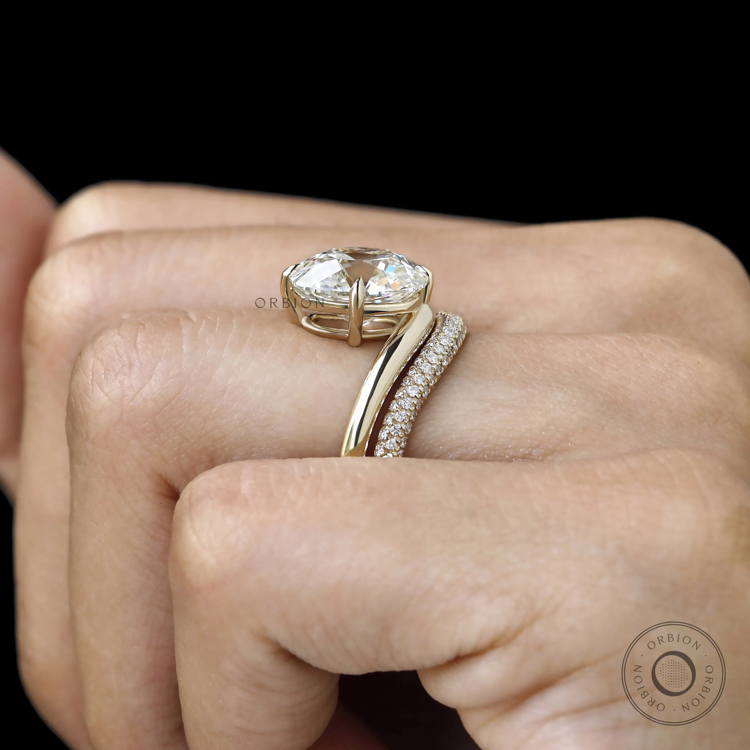 Contemporary wedding ring set with elongated cushion cut lab diamond or moissanite, 14k yellow gold