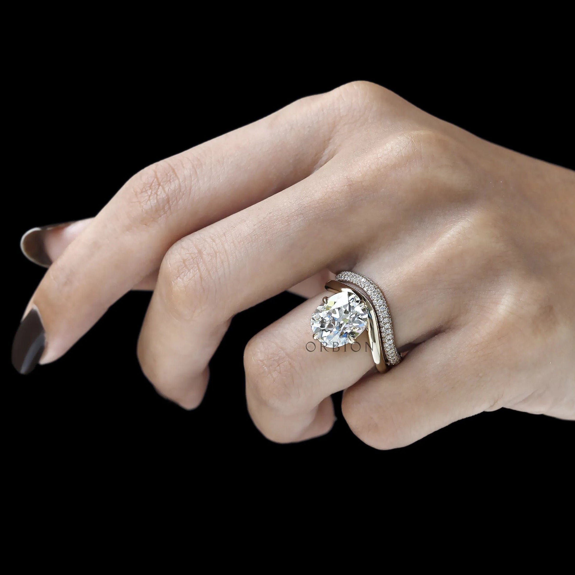 Wedding ring set with curved elongated cushion lab diamond or moissanite, old mine cut and compass design