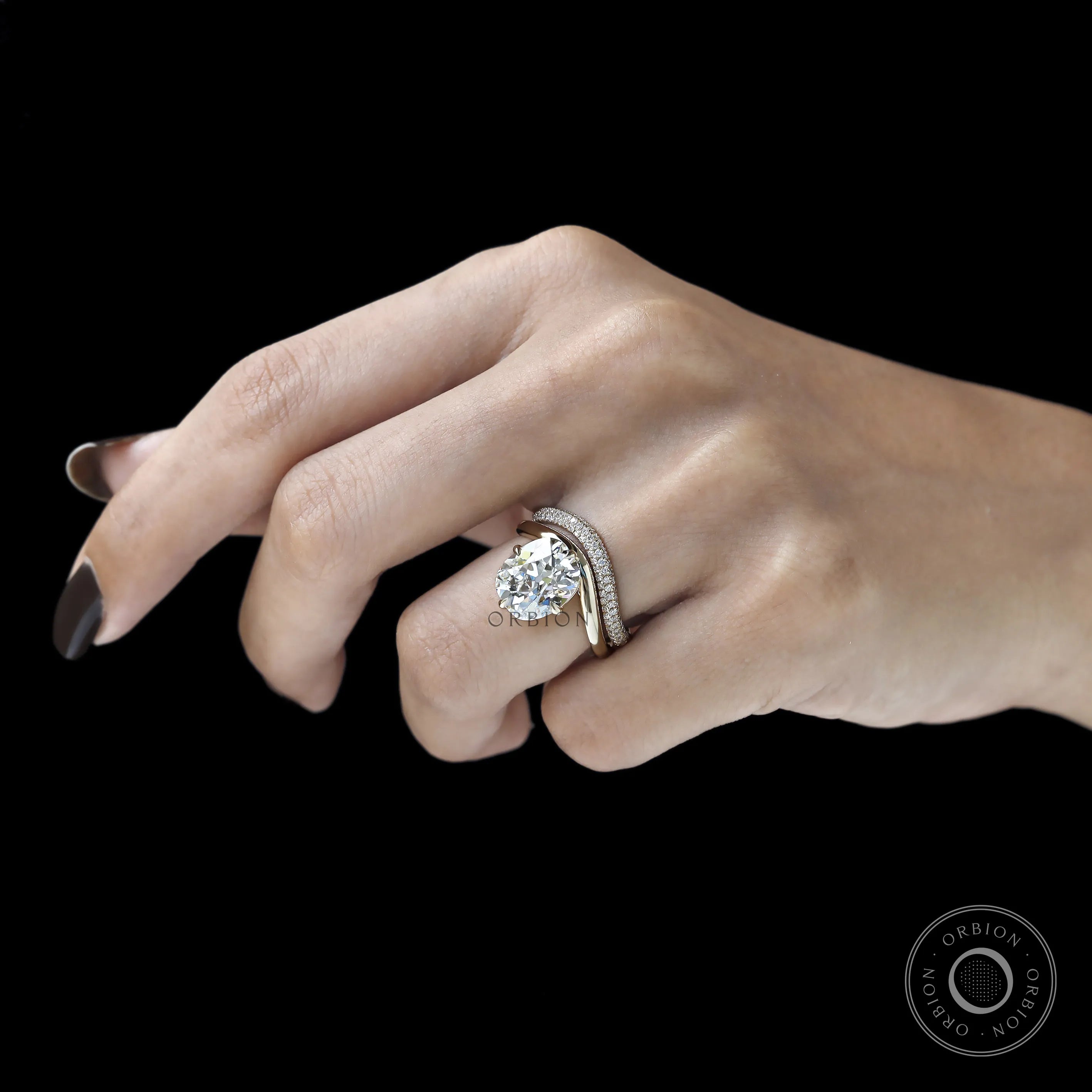 Wedding ring set with curved elongated cushion lab diamond or moissanite, old mine cut and compass design