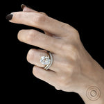 Curved elongated cushion lab diamond solitaire ring with matching pave diamond band