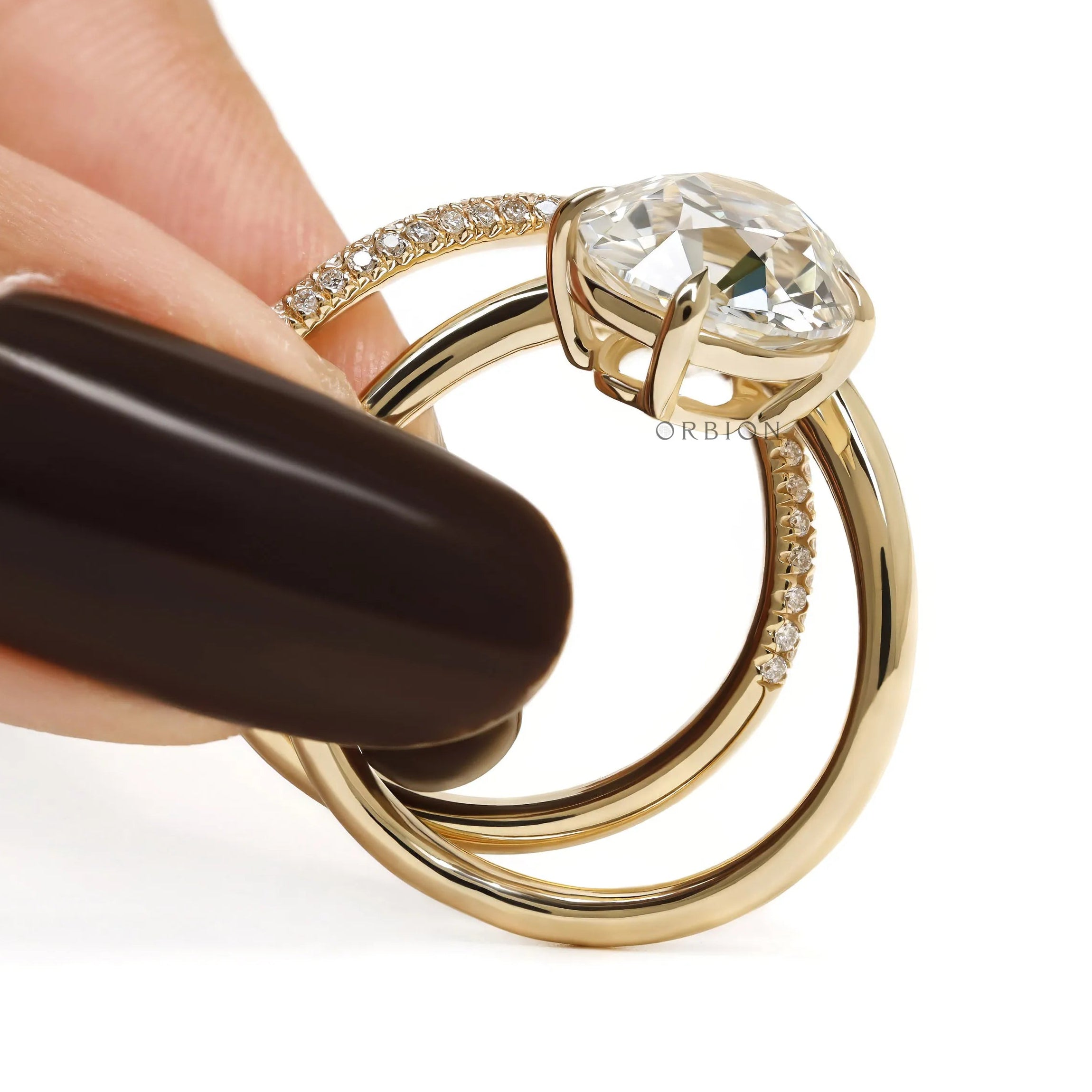 Elongated cushion lab diamond or moissanite engagement ring with OMC and compass setting