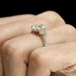 Stunning oval lab grown diamond ring, 14k yellow gold cathedral, pave shank