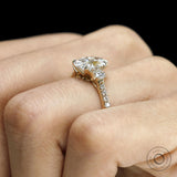 Stunning oval lab grown diamond ring, 14k yellow gold cathedral, pave shank