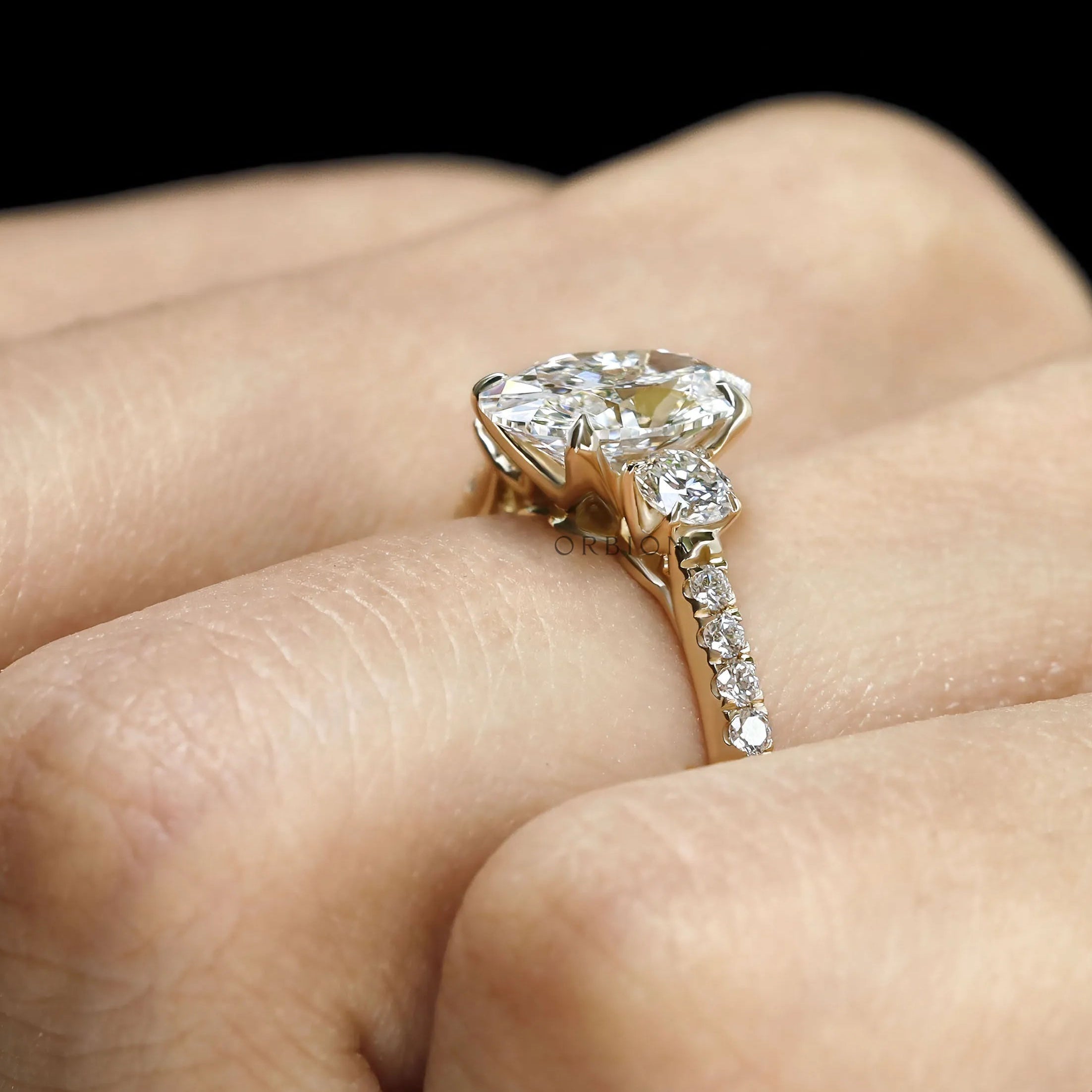 Stunning oval lab grown diamond ring, 14k yellow gold cathedral, pave shank
