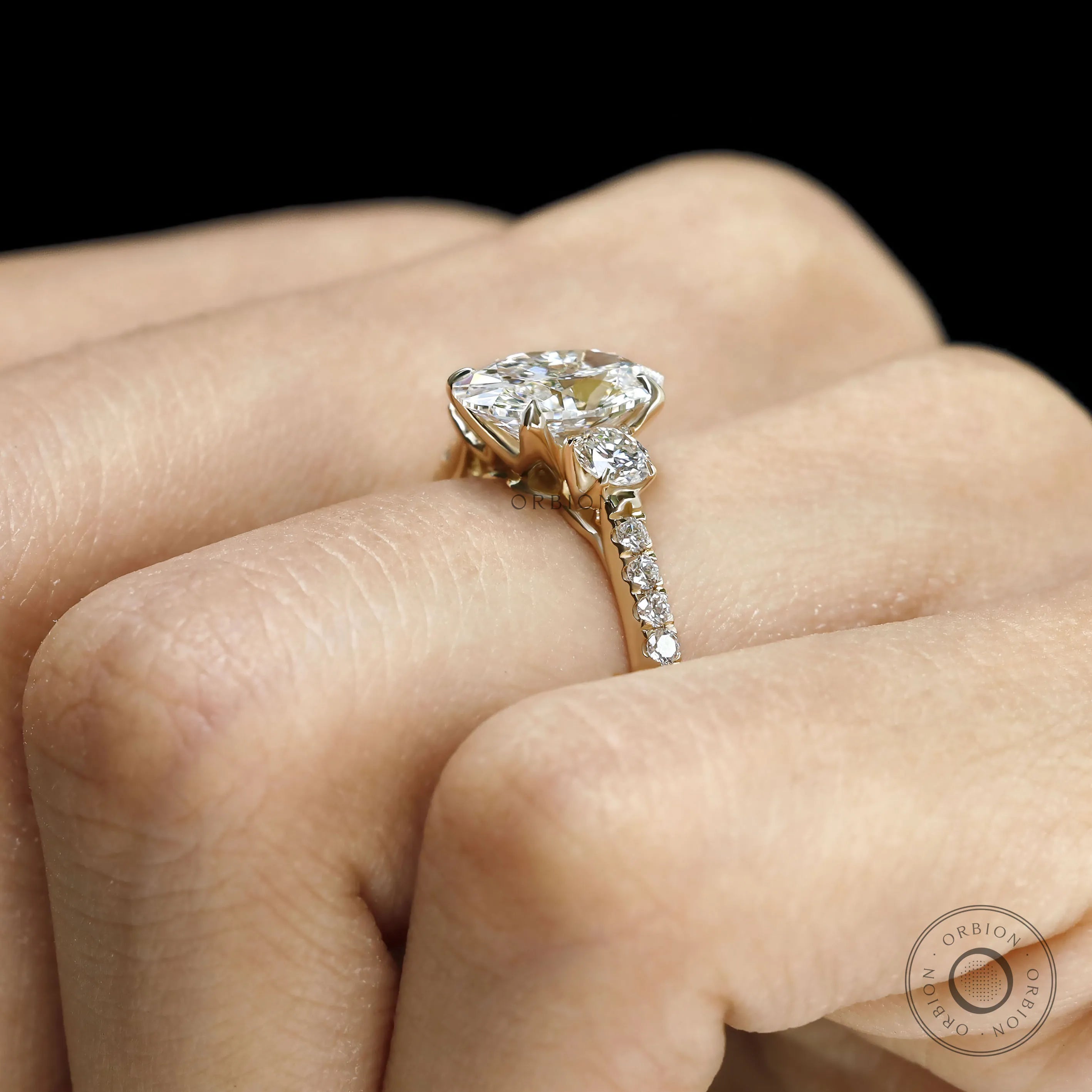 Stunning oval lab grown diamond ring, 14k yellow gold cathedral, pave shank