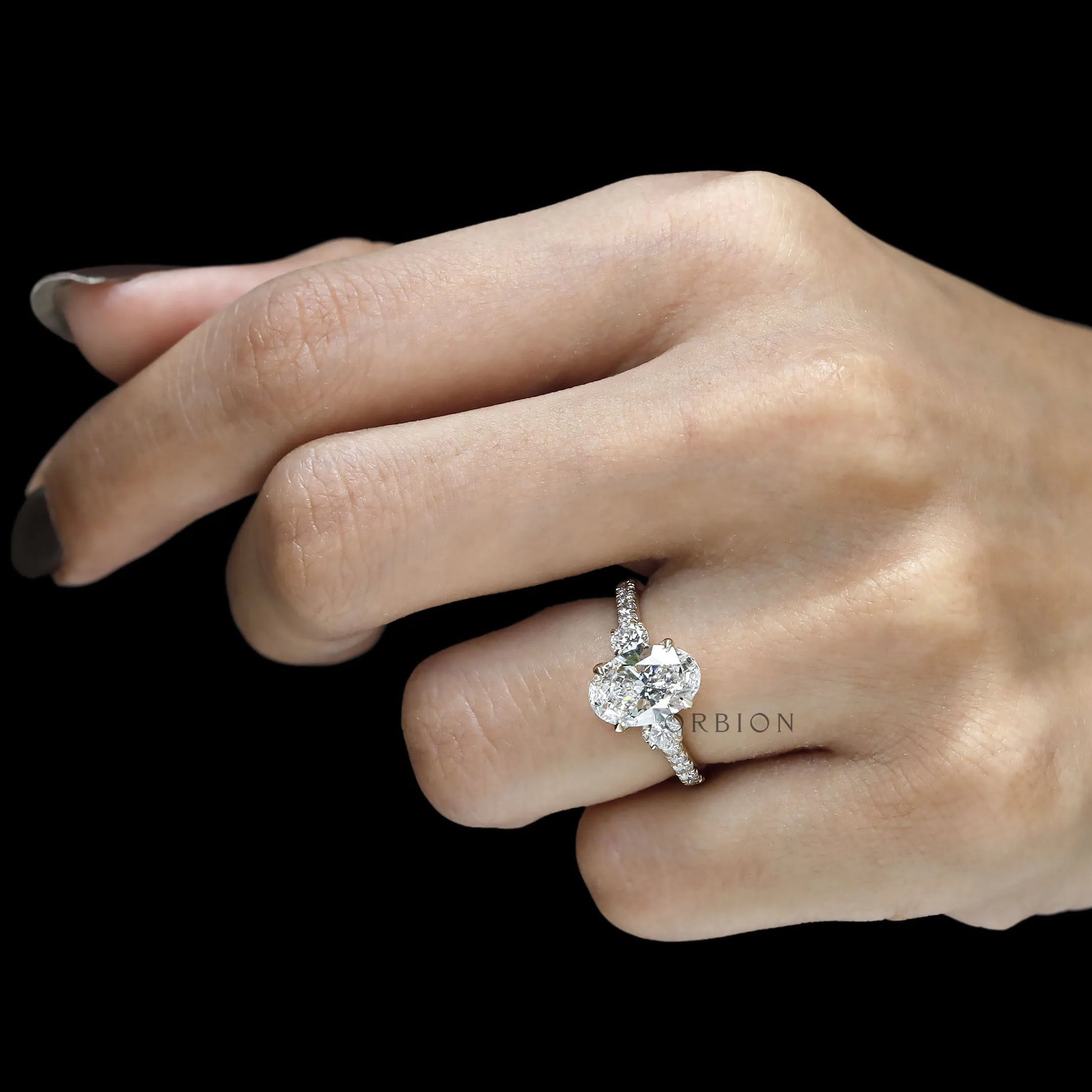 Three stone engagement ring with oval lab grown diamond, 14k yellow gold, pave set shank, moissanite option