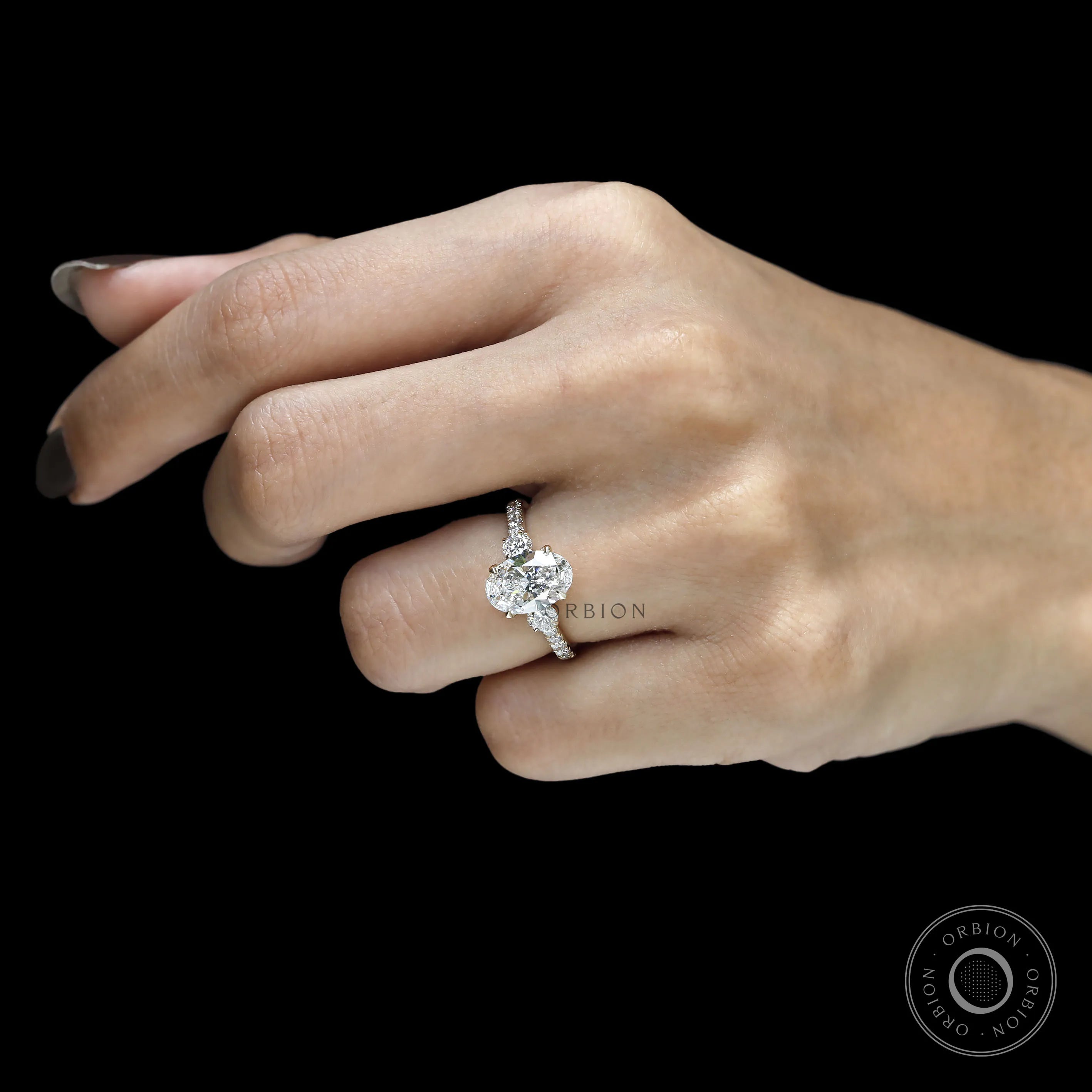 Three stone engagement ring with oval lab grown diamond, 14k yellow gold, pave set shank, moissanite option