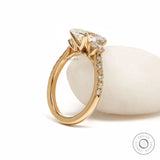 Three stone oval lab diamond engagement ring in 14k yellow gold, pave shank, moissanite alternative