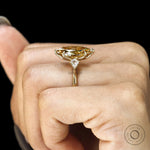 Elegant marquise three stone moissanite ring with champagne center, tulip setting, and yellow gold band