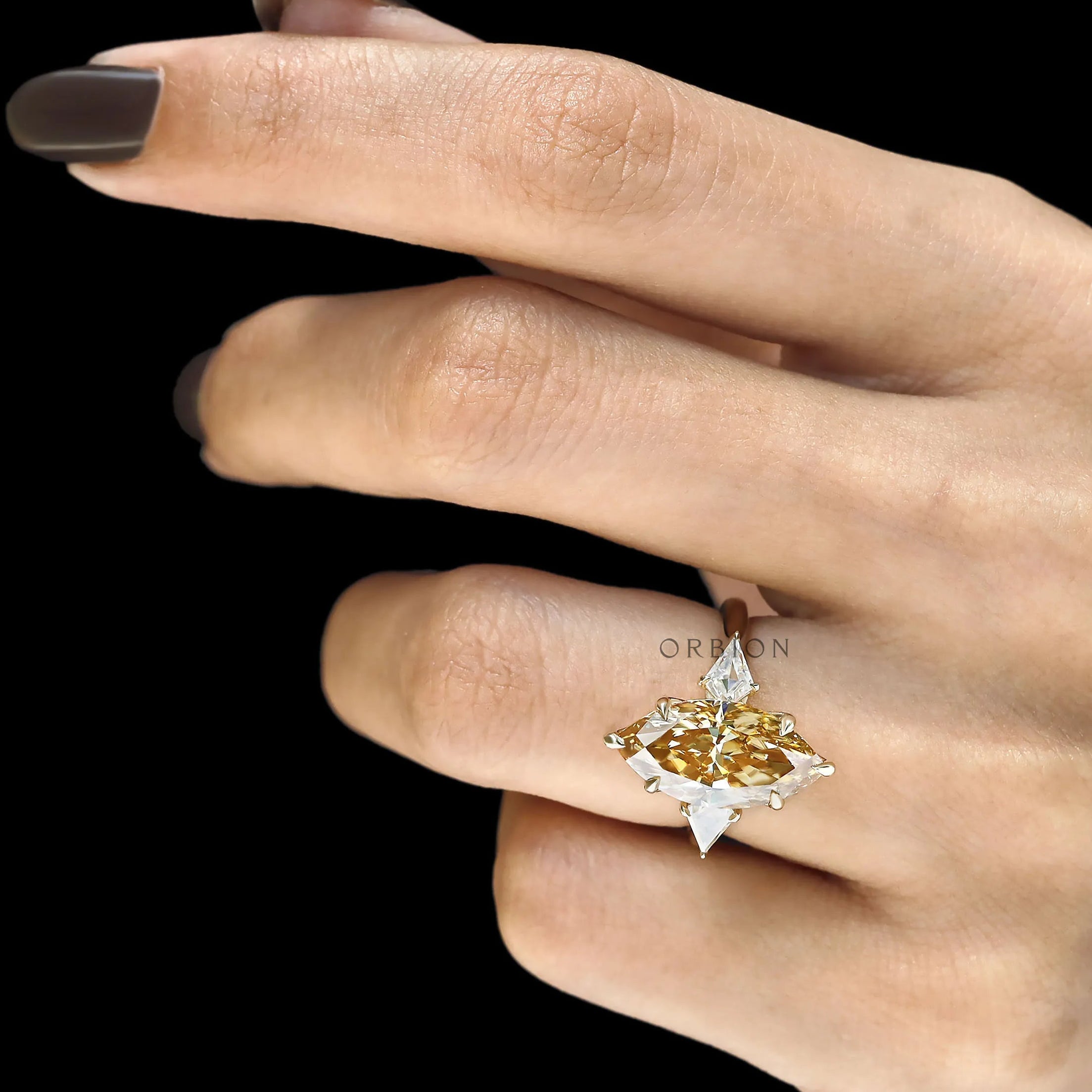 10k yellow gold marquise moissanite three stone ring, tulip set, cathedral band, accented bridge