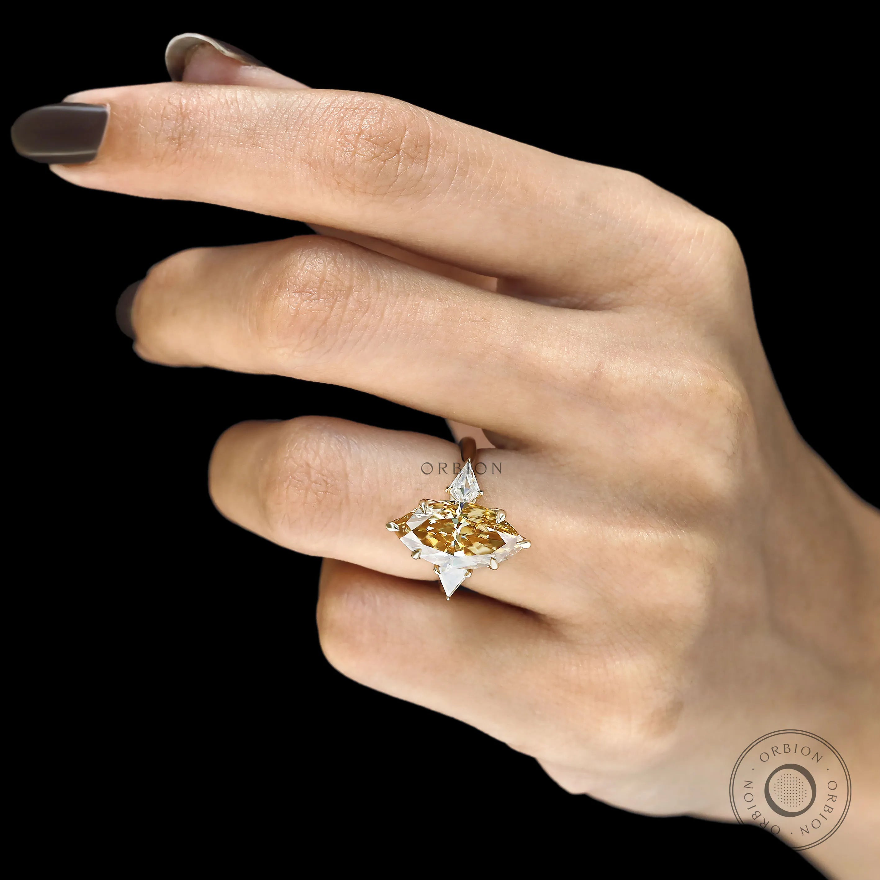 10k yellow gold marquise moissanite three stone ring, tulip set, cathedral band, accented bridge