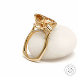 Elegant marquise three stone moissanite cathedral ring with tulip setting, kite side stones, euro shank
