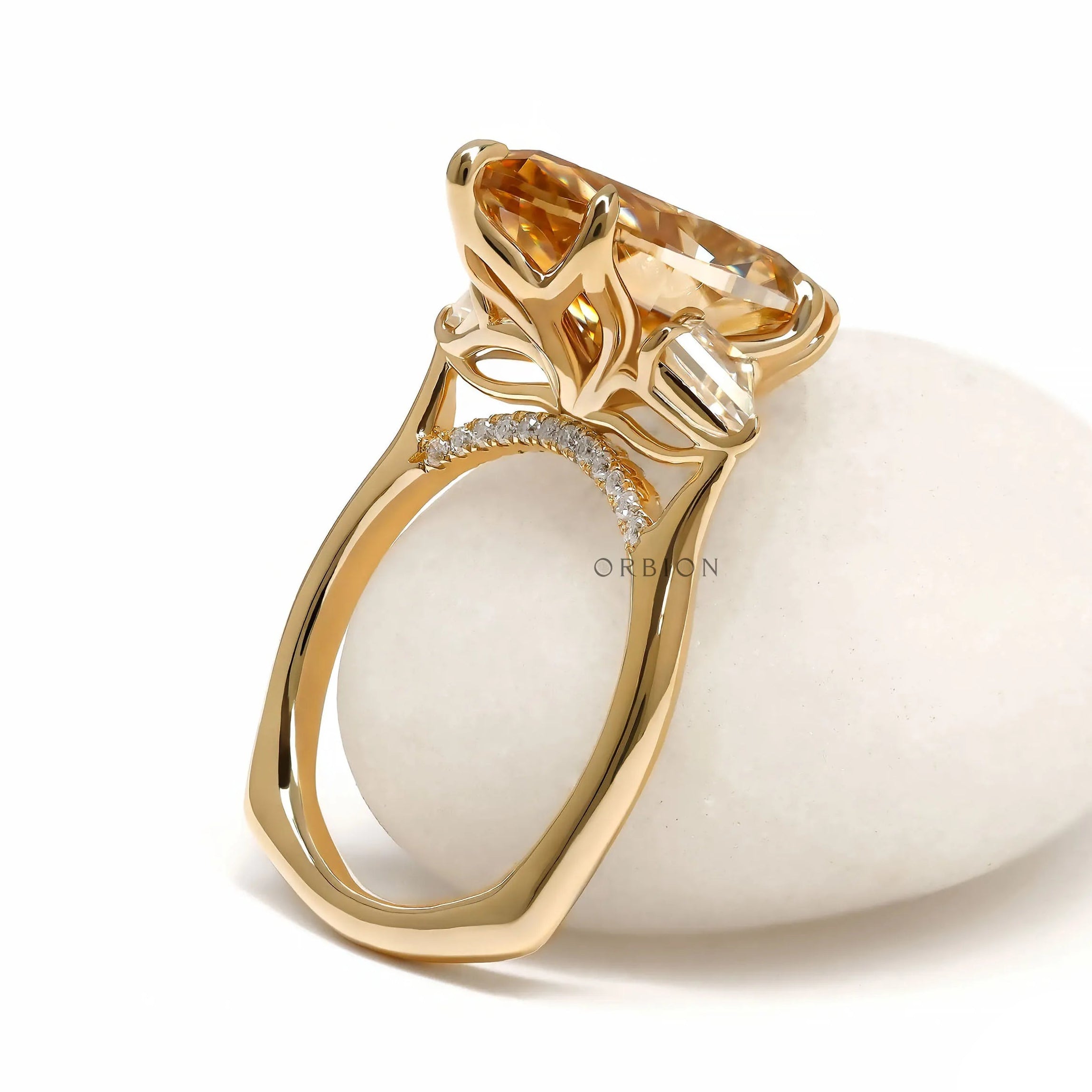 Elegant marquise three stone moissanite cathedral ring with tulip setting, kite side stones, euro shank