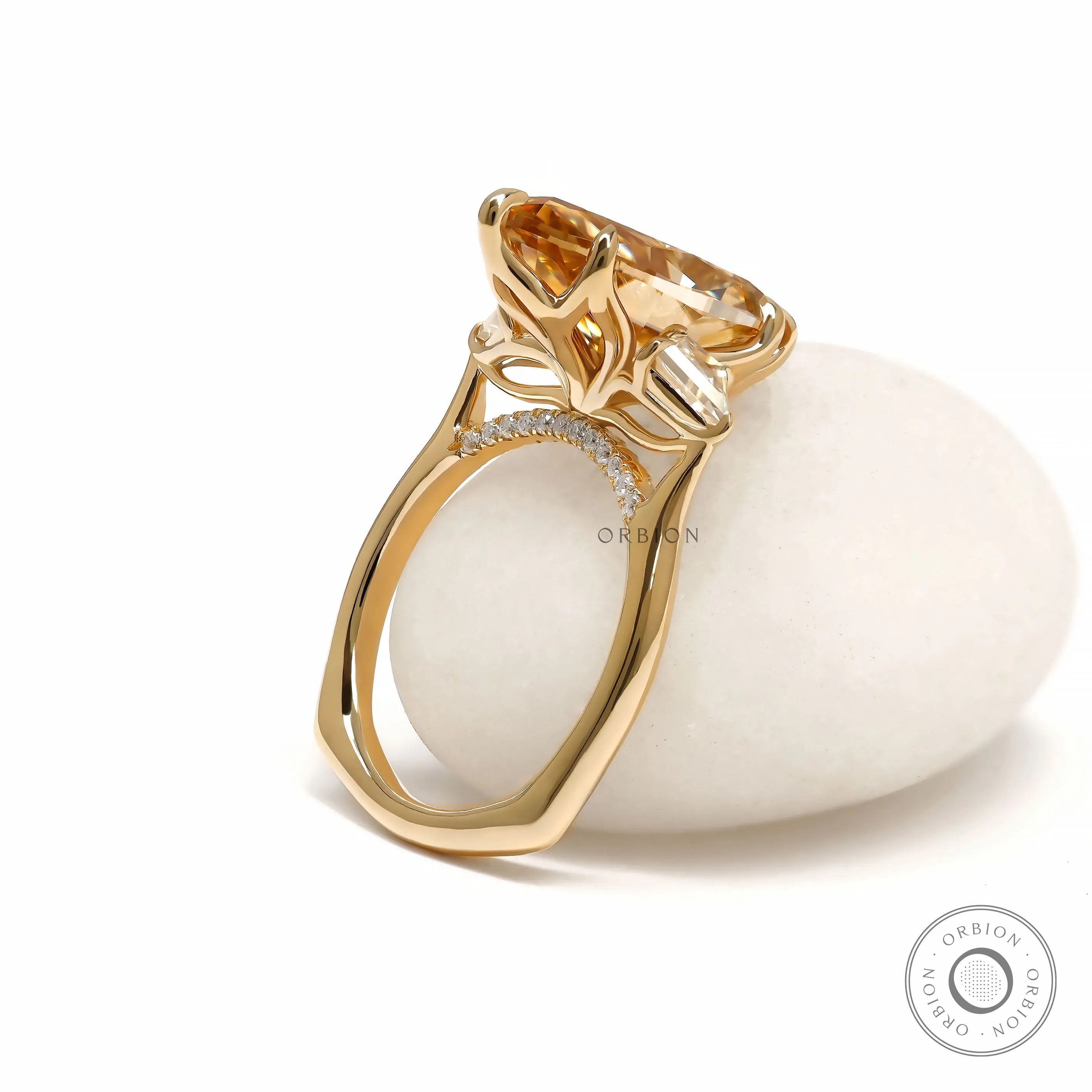 Elegant marquise three stone moissanite cathedral ring with tulip setting, kite side stones, euro shank